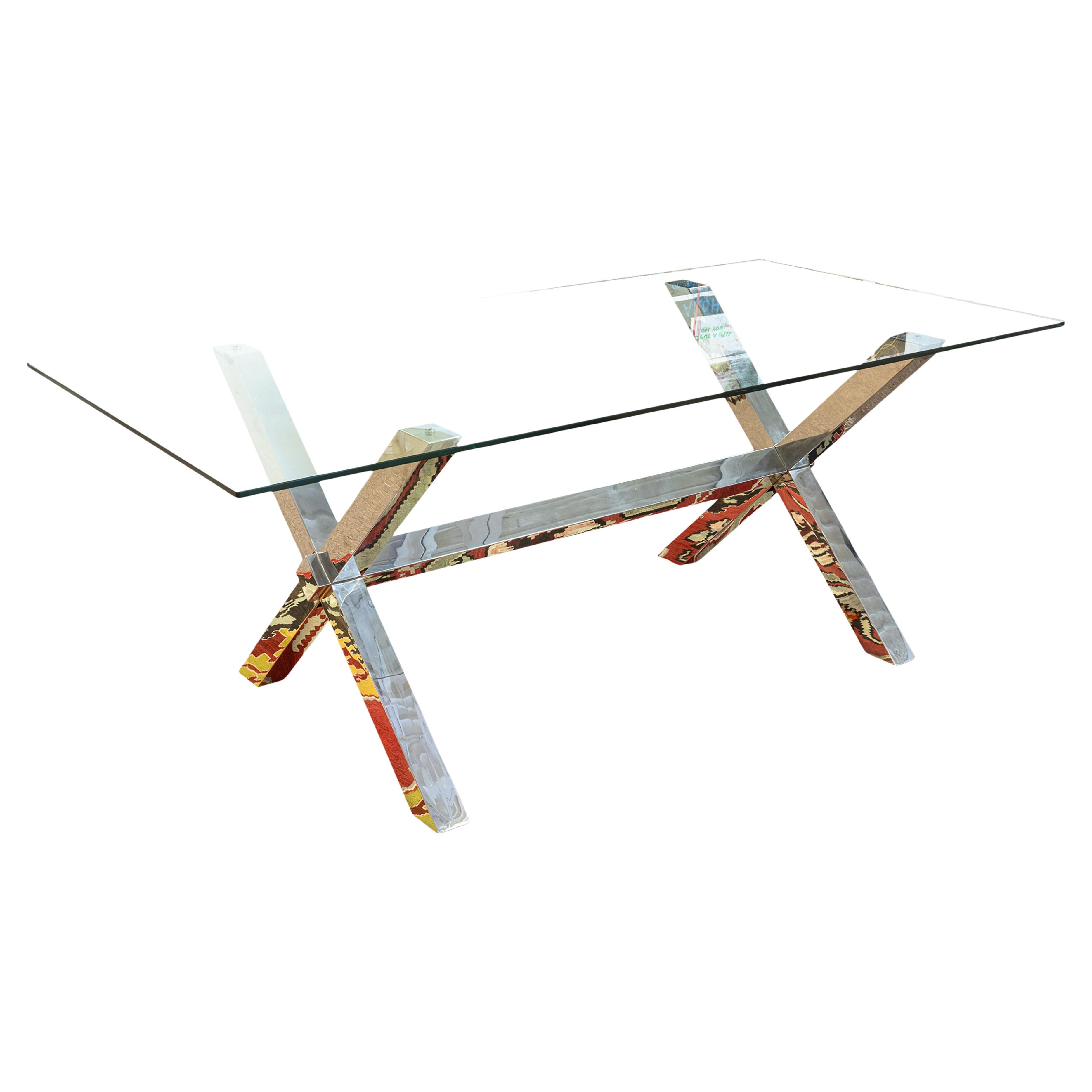 Contemporary Modern X Shaped Base Chrome and Glass Rectangular Dining Table For Sale