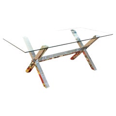 Contemporary Modern X Shaped Base Chrome and Glass Rectangular Dining Table