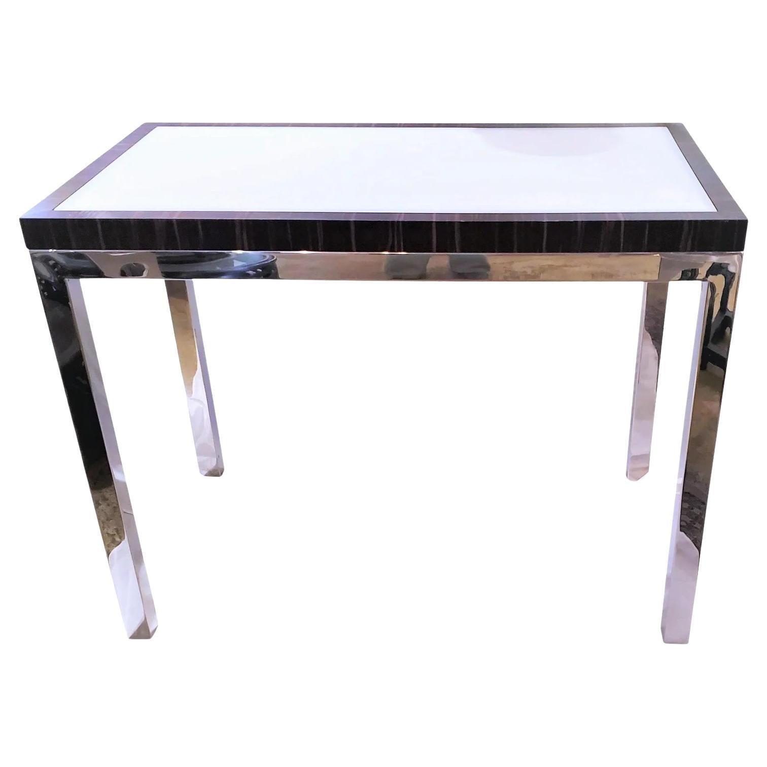 Contemporary Modern Zebra Wood and Chrome Side Console For Sale