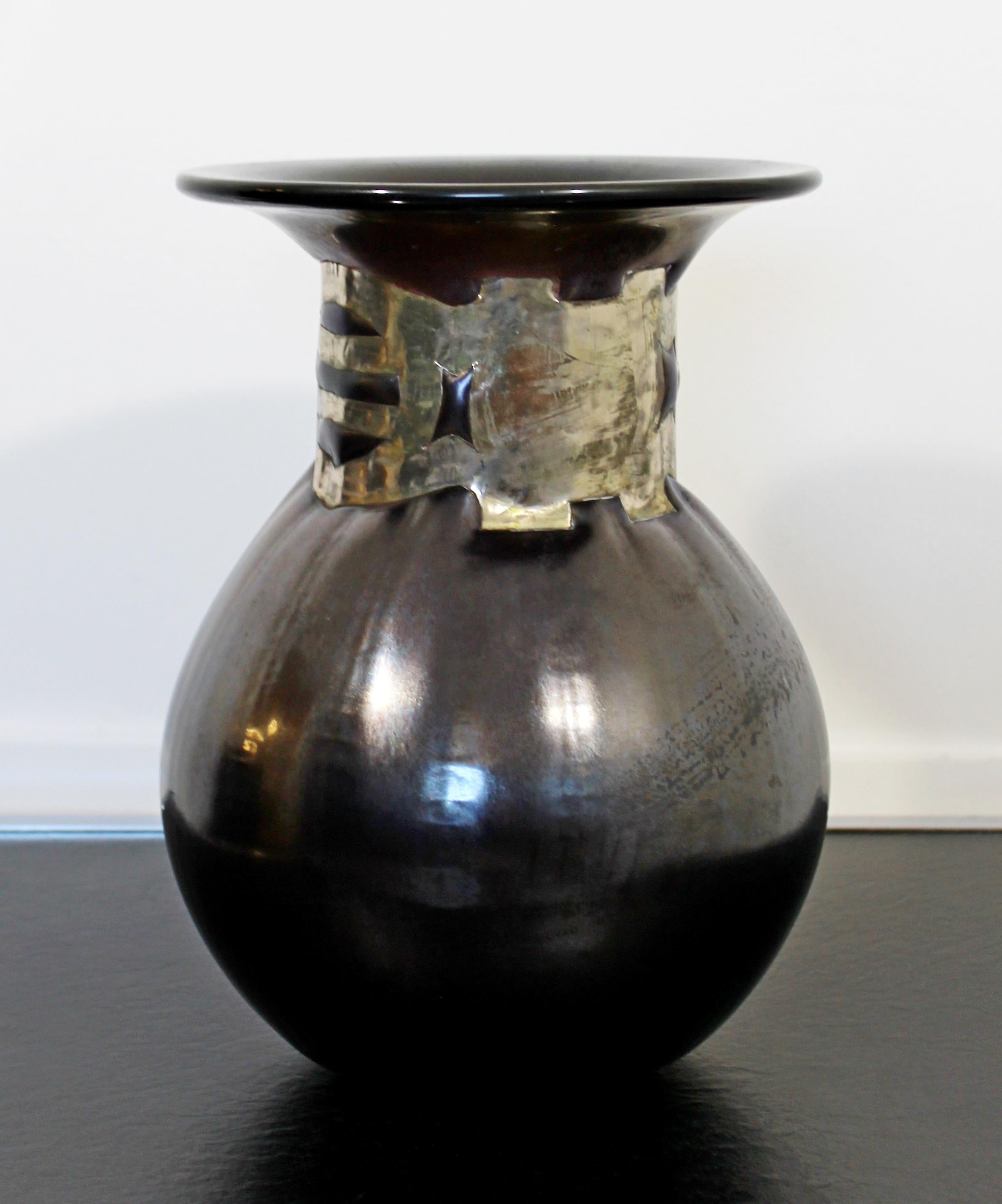 Contemporary Modernist Anthony Stern Signed Studio Vase Blown Glass Metal Neck In Good Condition In Keego Harbor, MI