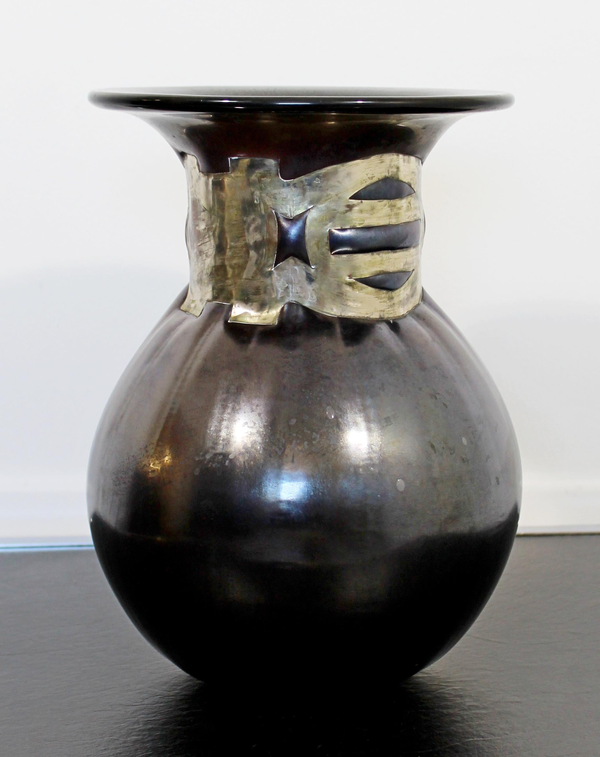 Contemporary Modernist Anthony Stern Signed Studio Vase Blown Glass Metal Neck 1