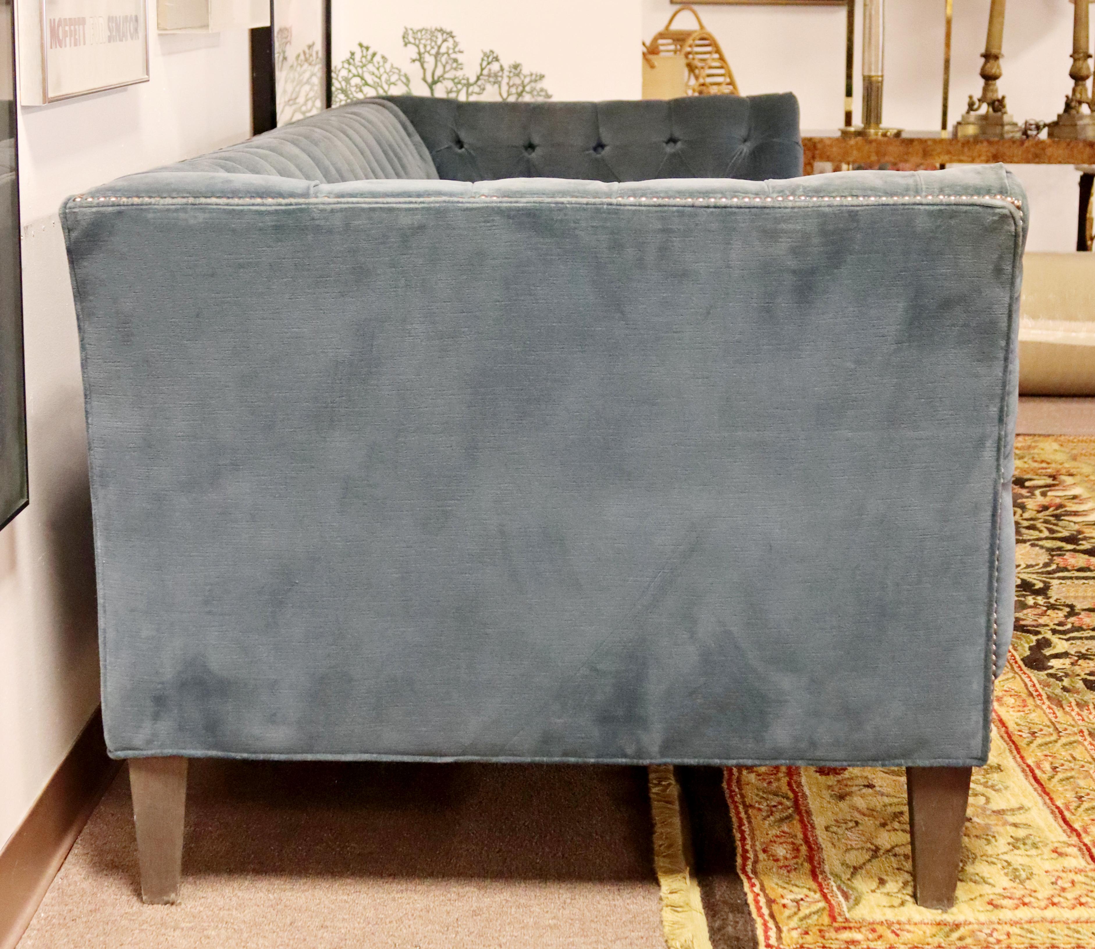 20th Century Contemporary Modernist Arhaus Tufted Blue Sofa Hollywood Regency Dunbar Style