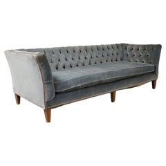 Contemporary Modernist Arhaus Tufted Blue Sofa Hollywood Regency Dunbar Style