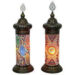 Contemporary Modernist Boho Chic Bohemian Pair of Beaded Brass Table Lamps
