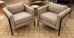 Contemporary Modernist Bronzed Brushed Aluminum Pair of Cube Club Accent Chairs