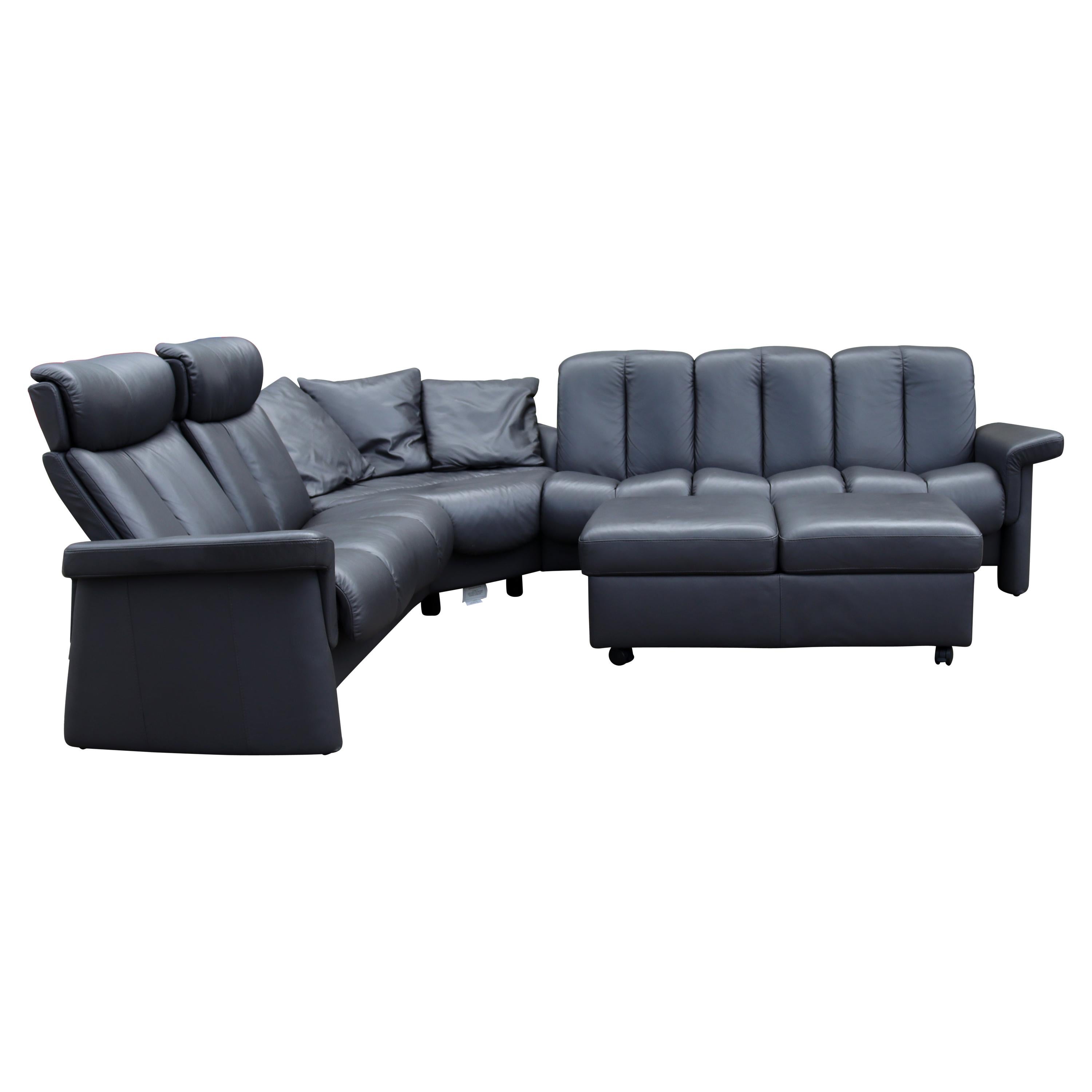 Contemporary Modernist Ekornes L Shaped Leather Sectional Sofa Norway w Ottoman