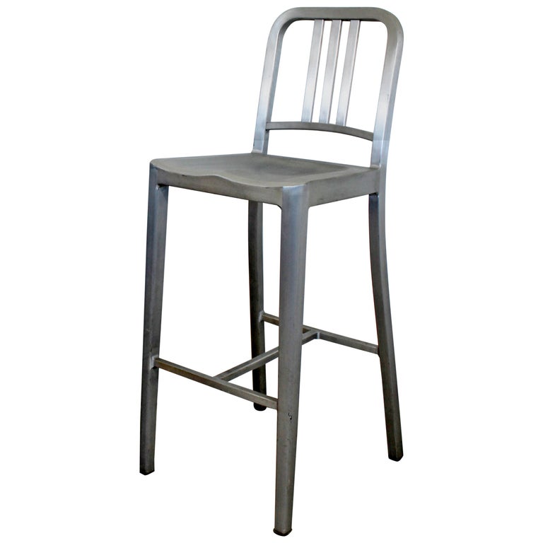 Contemporary Modernist Emeco Brushed Aluminum High Counter Navy Stool