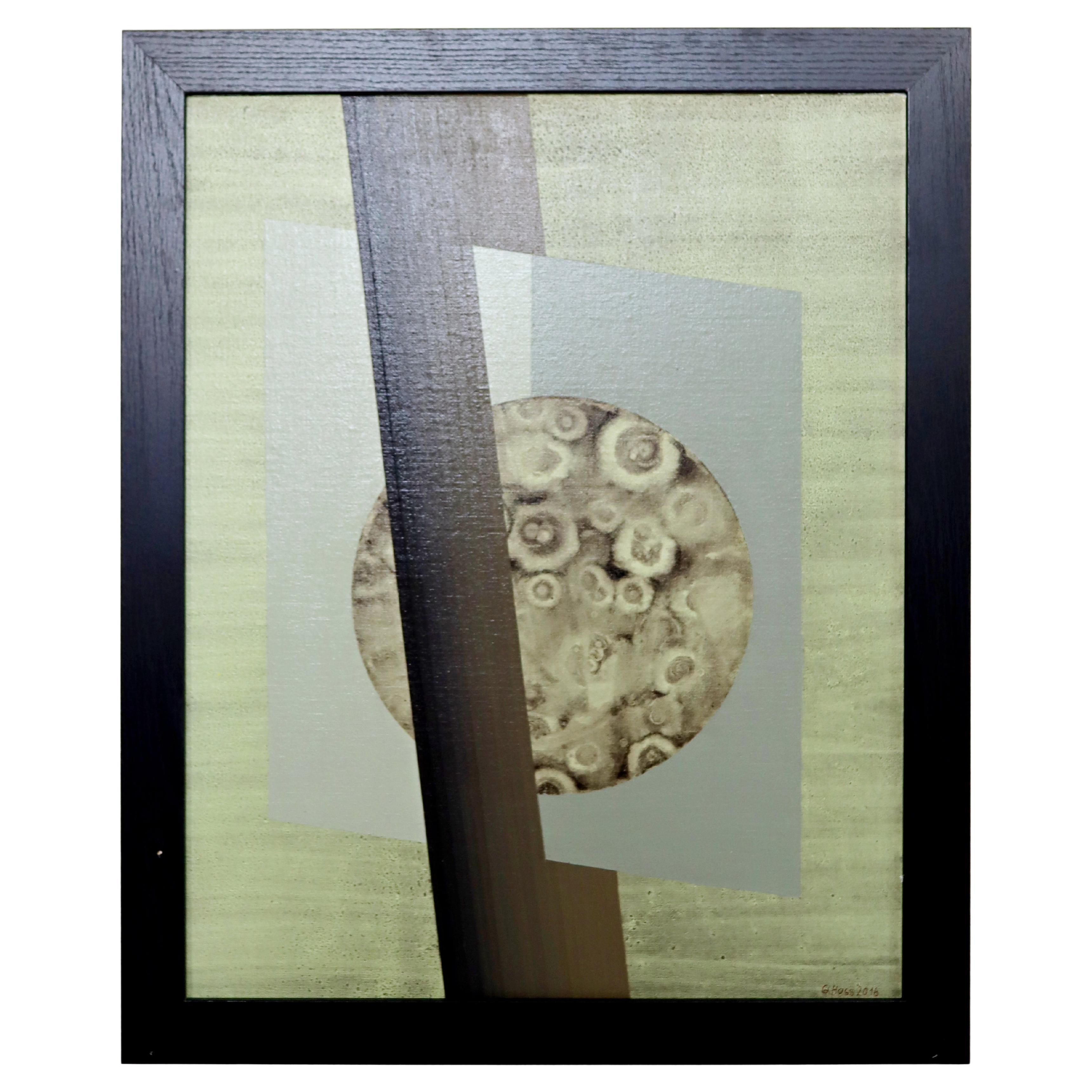 Contemporary Modernist Framed Gunda Hass Signed Acrylic Painting Green Grey For Sale