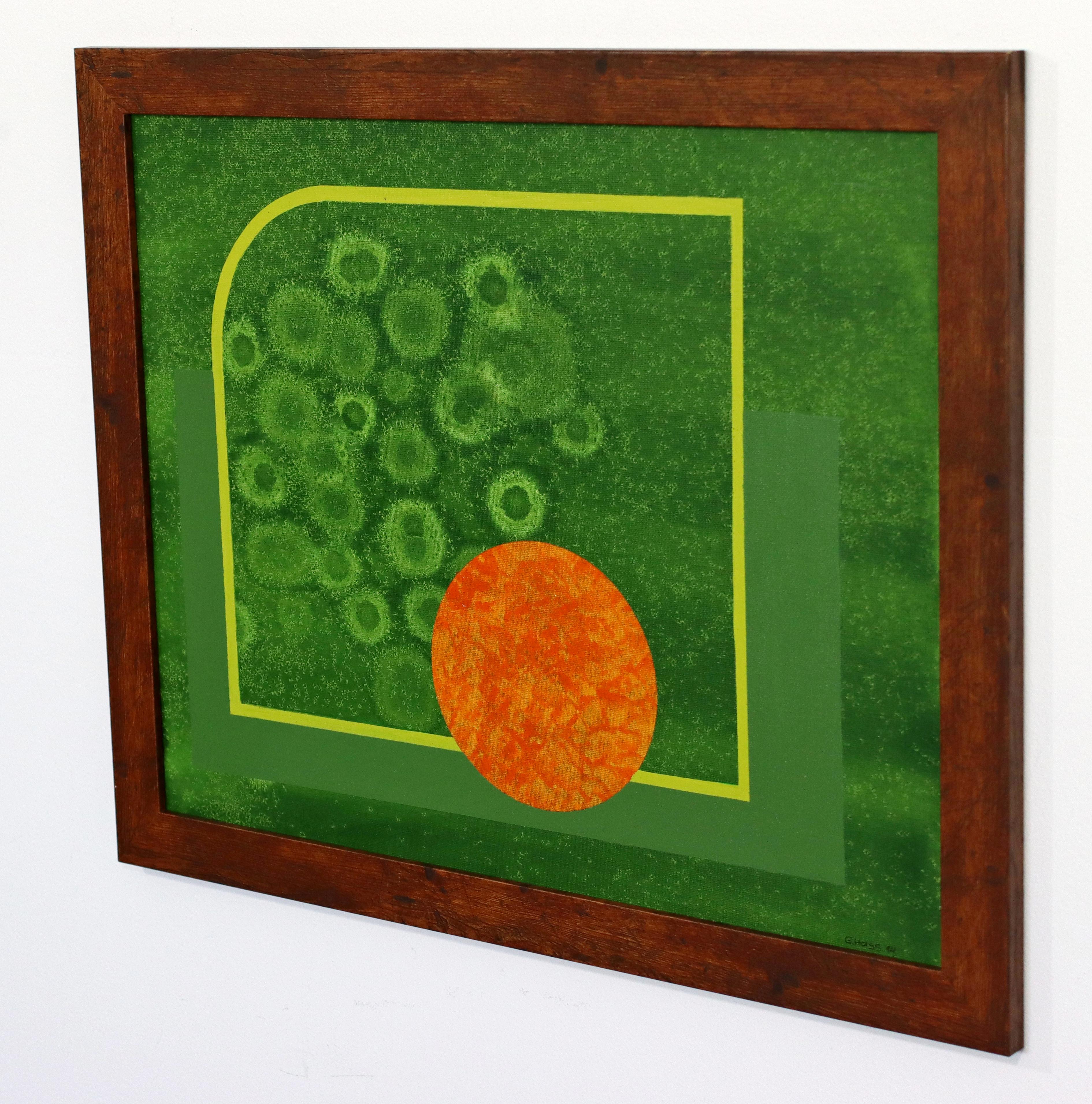 Peinture acrylique contemporaine moderniste encadrée de Gunda Hass signée Vert Orange Bon état - En vente à Keego Harbor, MI