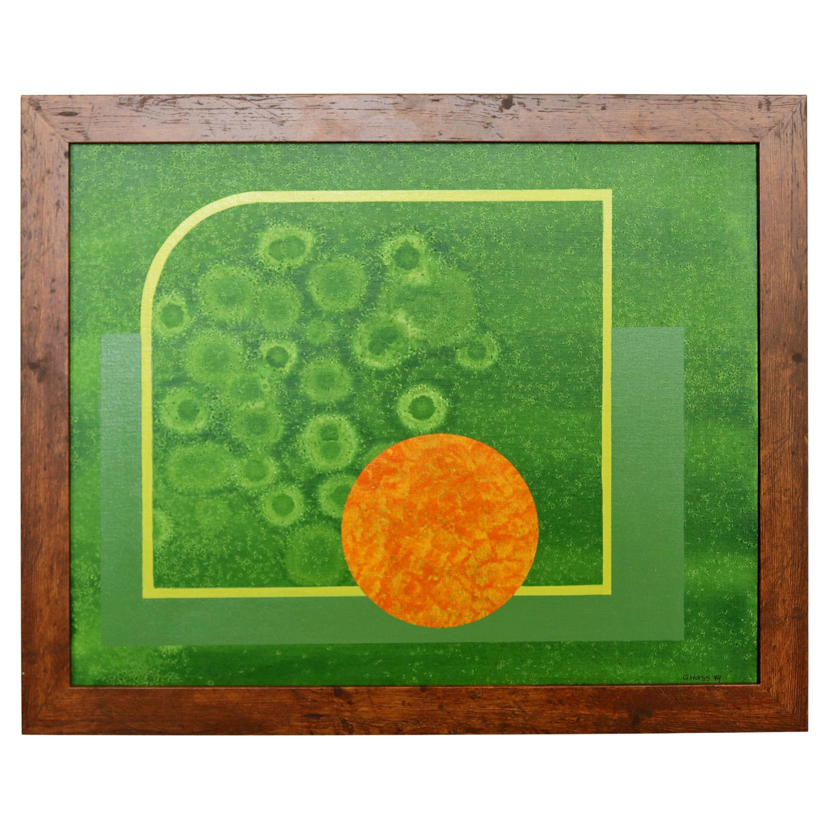 Peinture acrylique contemporaine moderniste encadrée de Gunda Hass signée Vert Orange