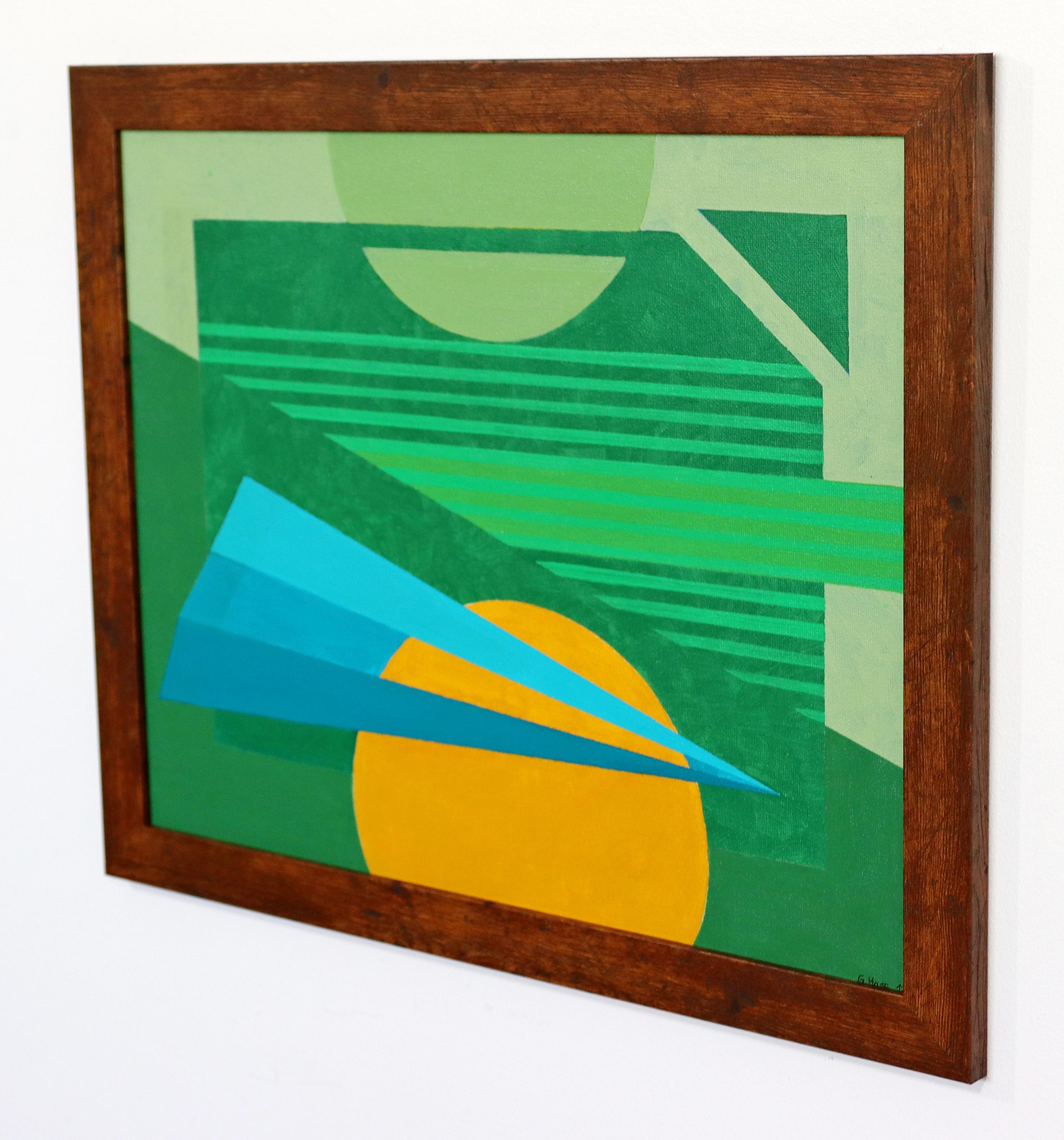 Contemporary Modernist Framed Gunda Hass Signed Acrylic Painting Green Yellow In Good Condition In Keego Harbor, MI
