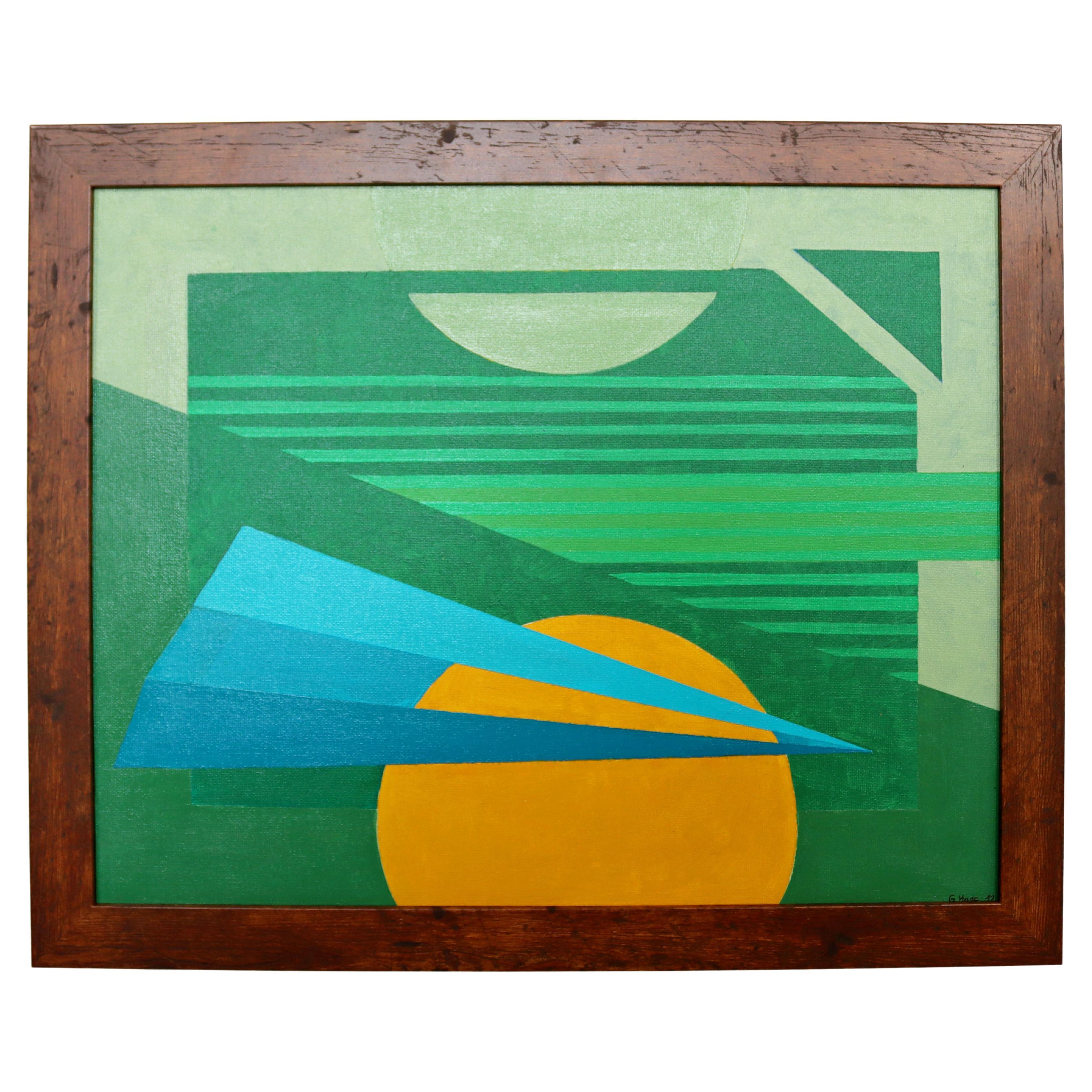 Contemporary Modernist Framed Gunda Hass Signed Acrylic Painting Green Yellow