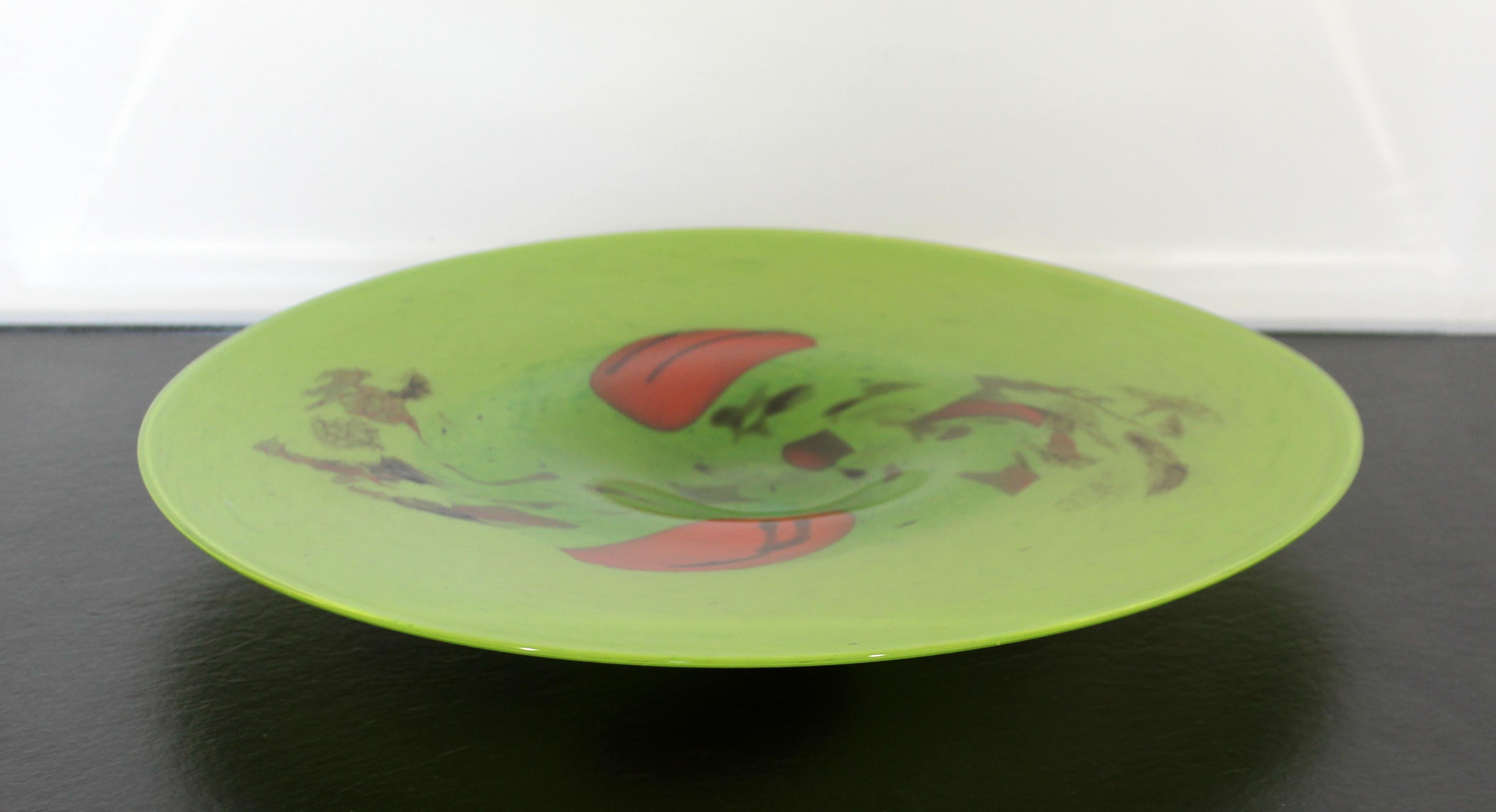 Contemporary Modernist Green Art Glass Centerpiece Bowl Sculpture Floral Red In Good Condition In Keego Harbor, MI