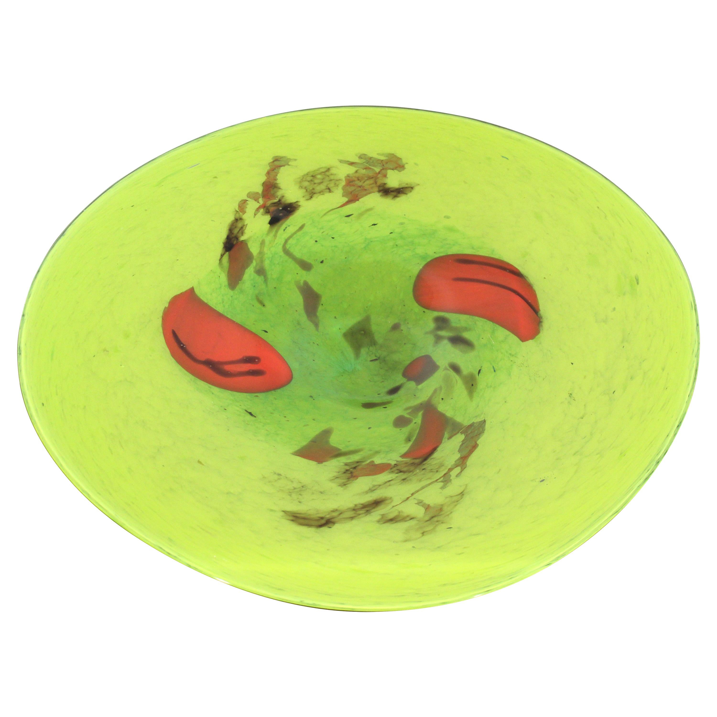 Contemporary Modernist Green Art Glass Centerpiece Bowl Sculpture Floral Red