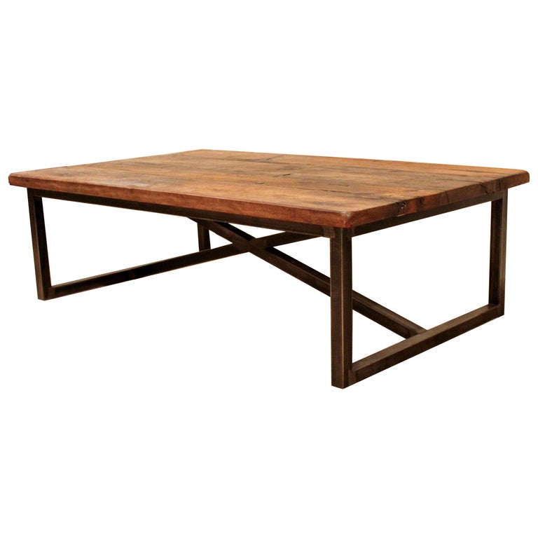 Contemporary Modernist Industrial Low Rectangular Drift Wood Metal Coffee  Table For Sale at 1stDibs