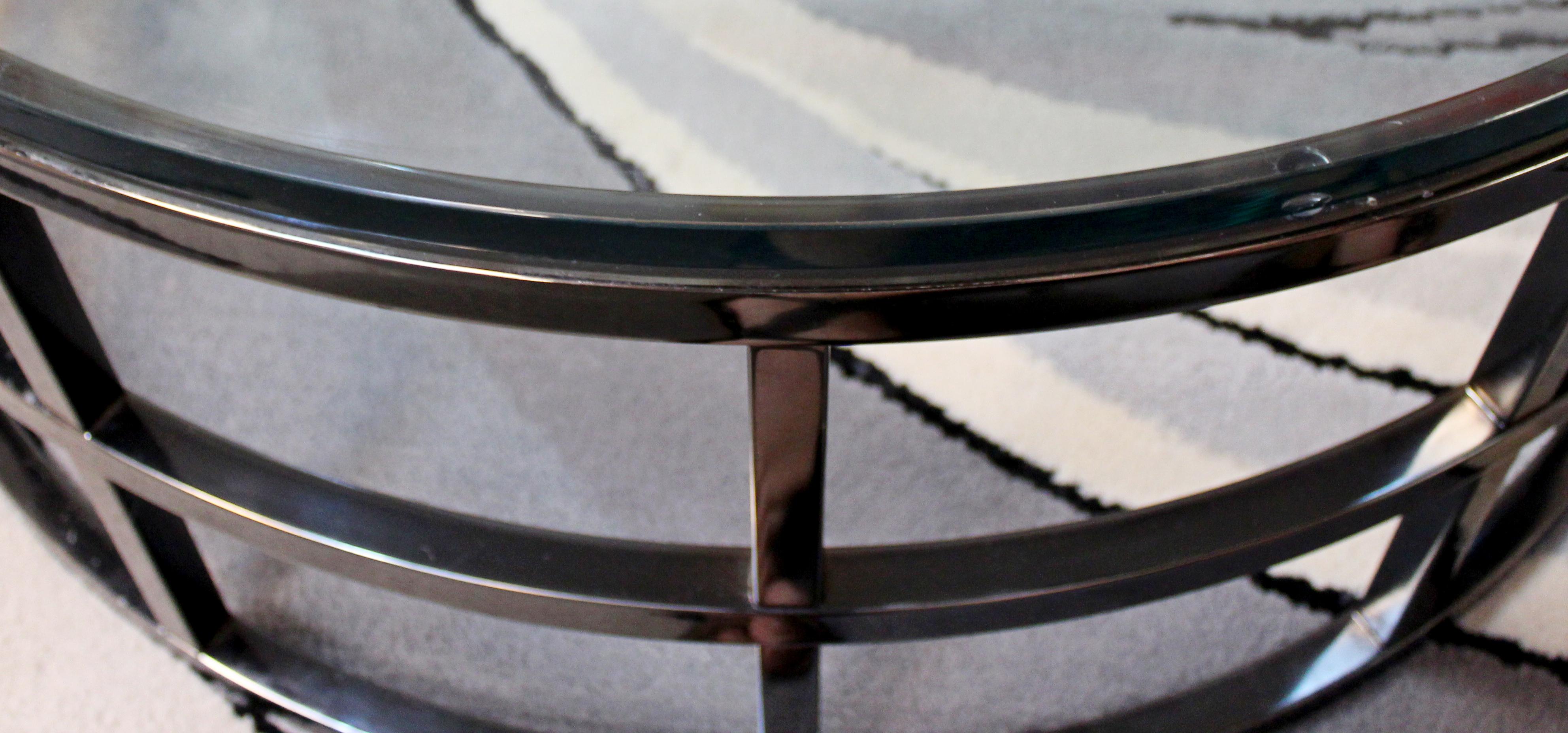 Metal Contemporary Modernist Large Round Gunmetal Glass Coffee Table Brueton, 1980s