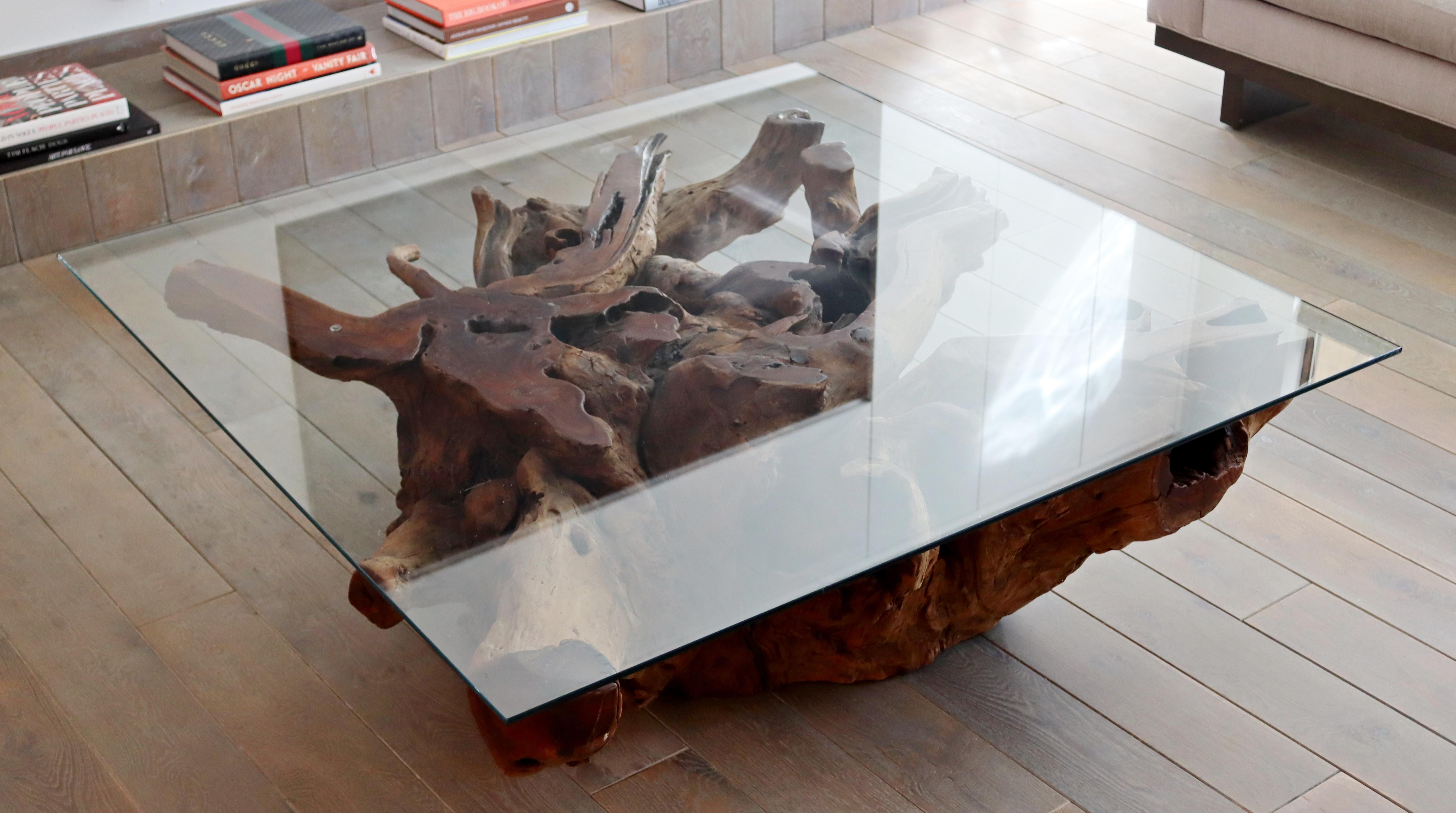Contemporary Modernist Large Square Drift Wood & Glass Coffee Table 6