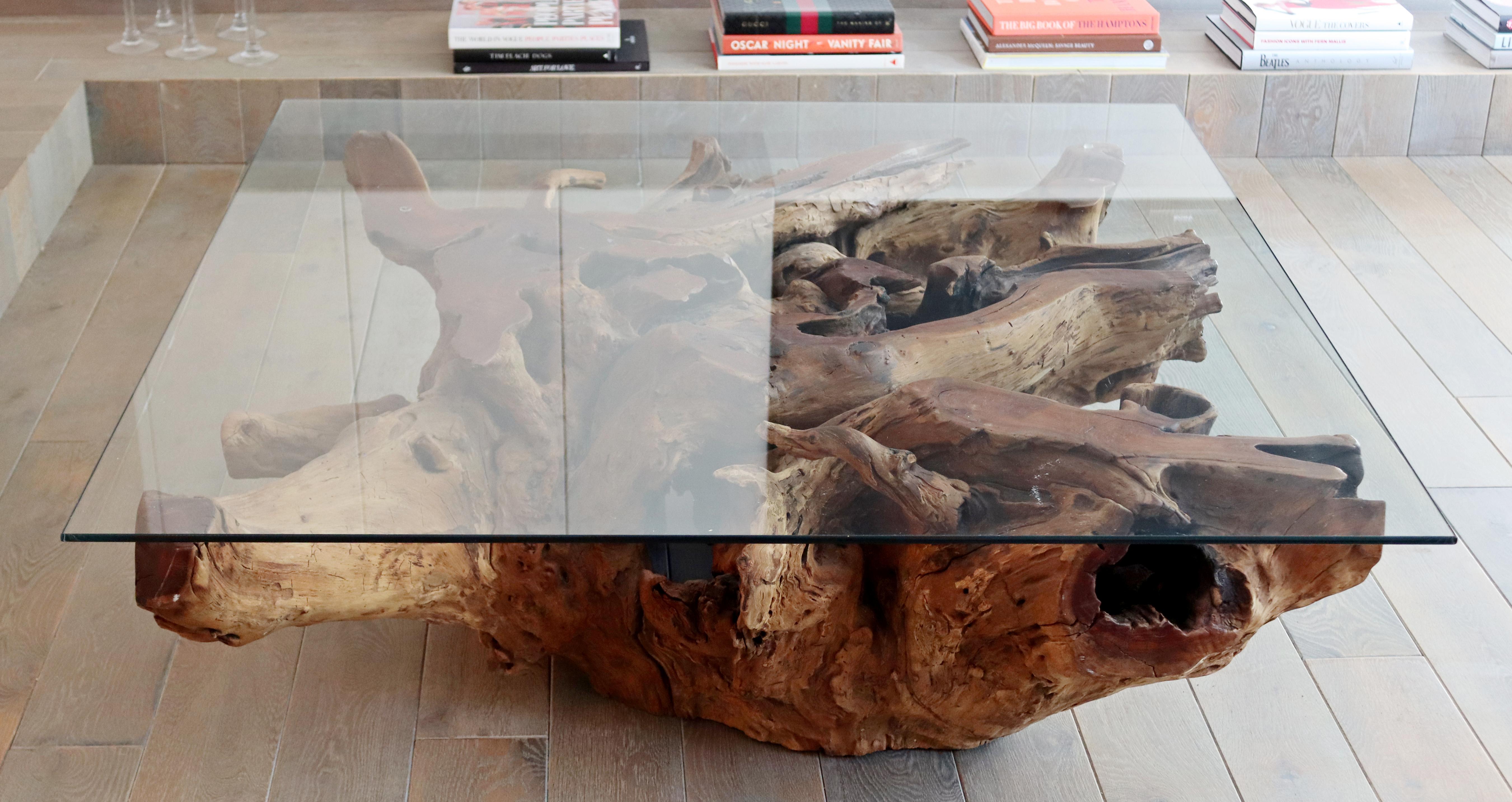 Contemporary Modernist Large Square Drift Wood & Glass Coffee Table 7