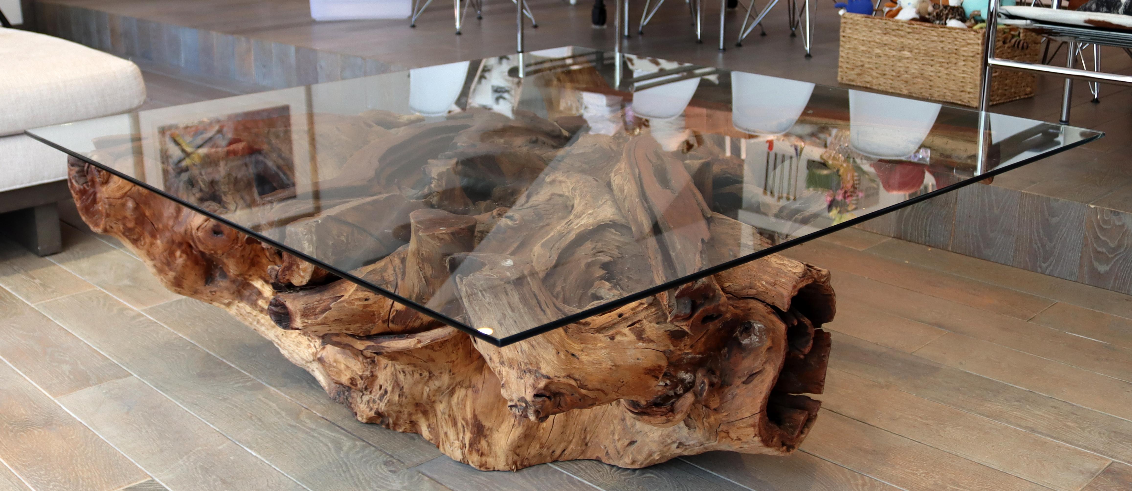Contemporary Modernist Large Square Drift Wood & Glass Coffee Table 2