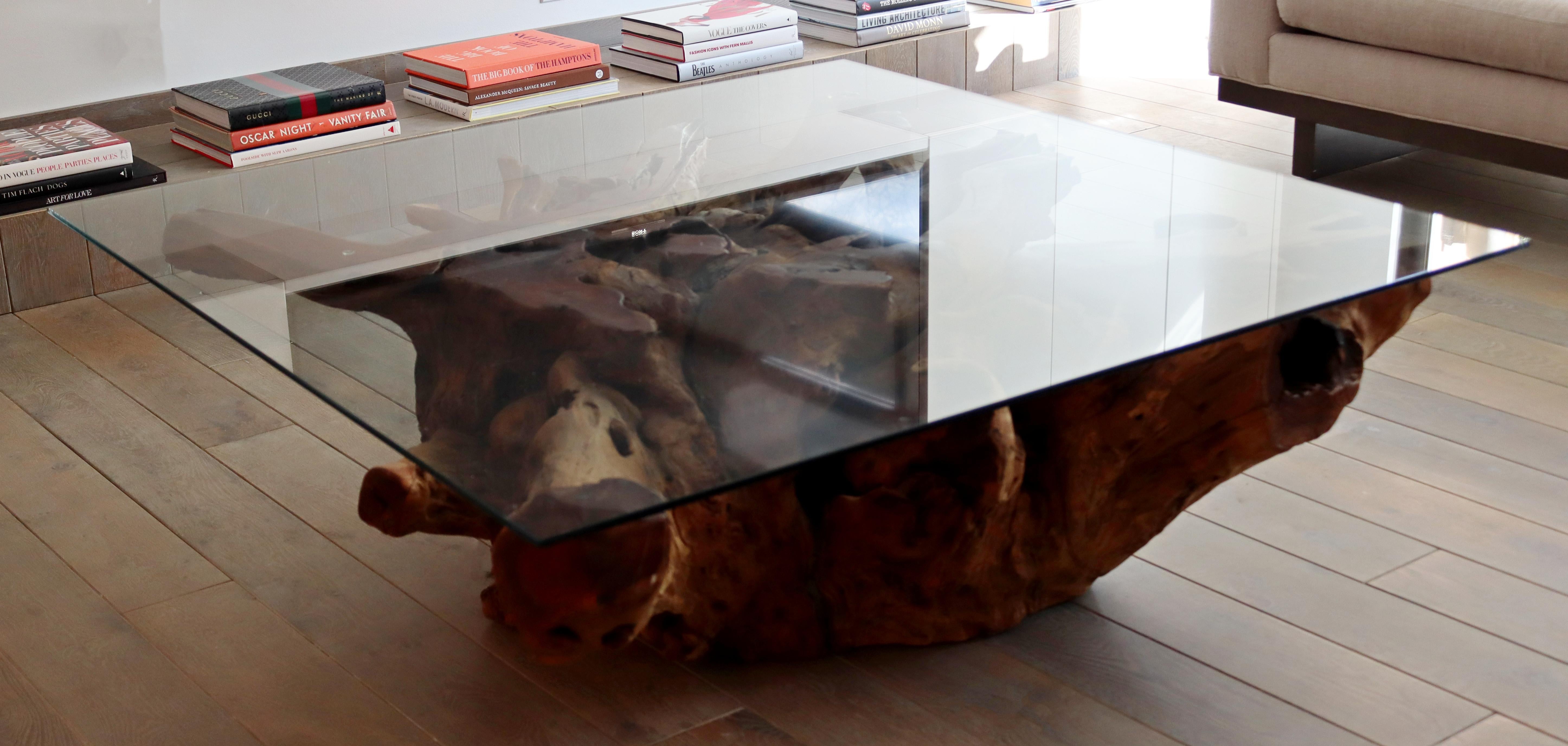 Contemporary Modernist Large Square Drift Wood & Glass Coffee Table 5