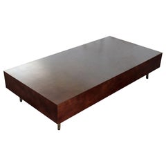 Contemporary Modernist Low Rectangular Walnut Wood and Chrome Coffee Table