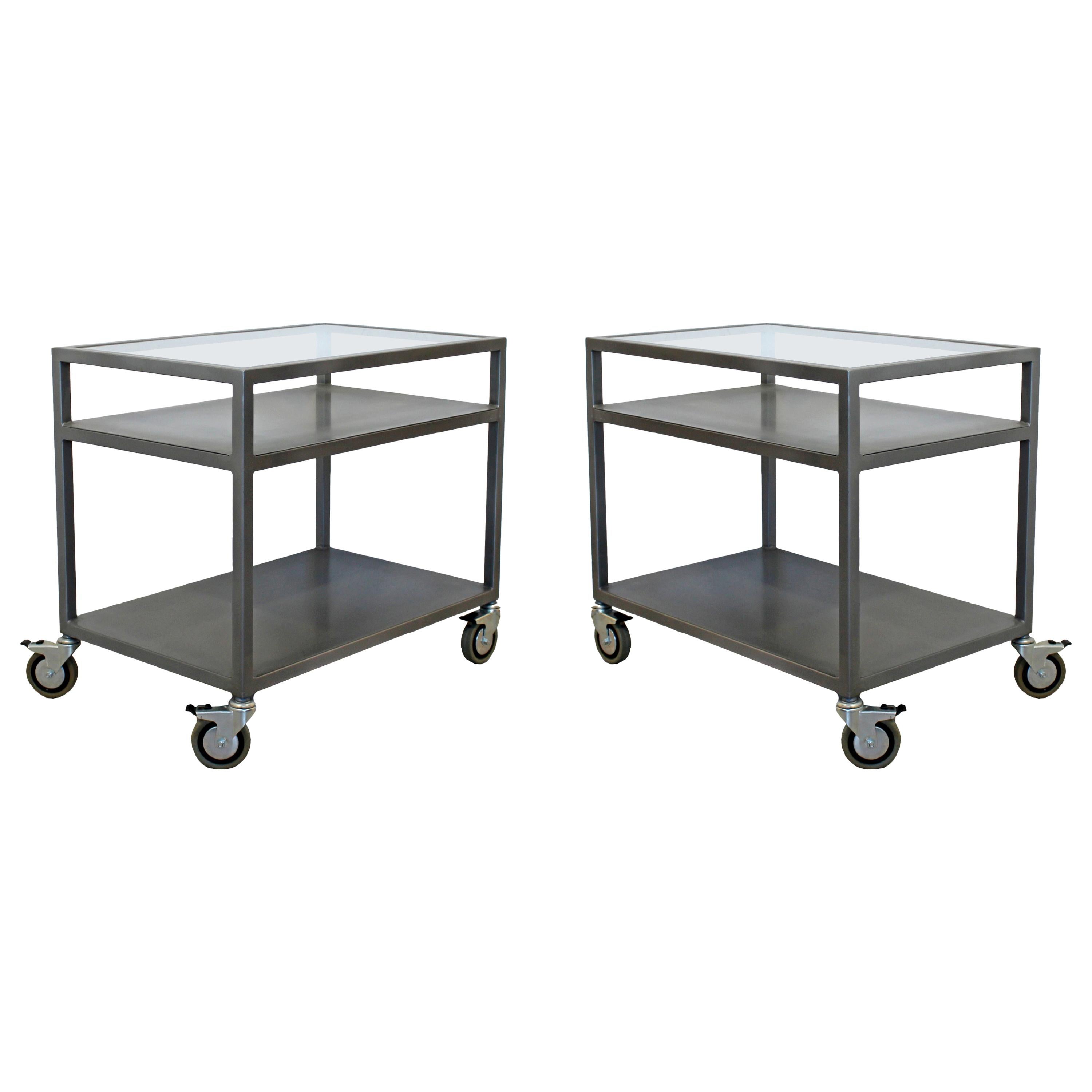 Contemporary Modernist Pair of 2-Tier Metal and Smoked Glass Serving Bar Carts