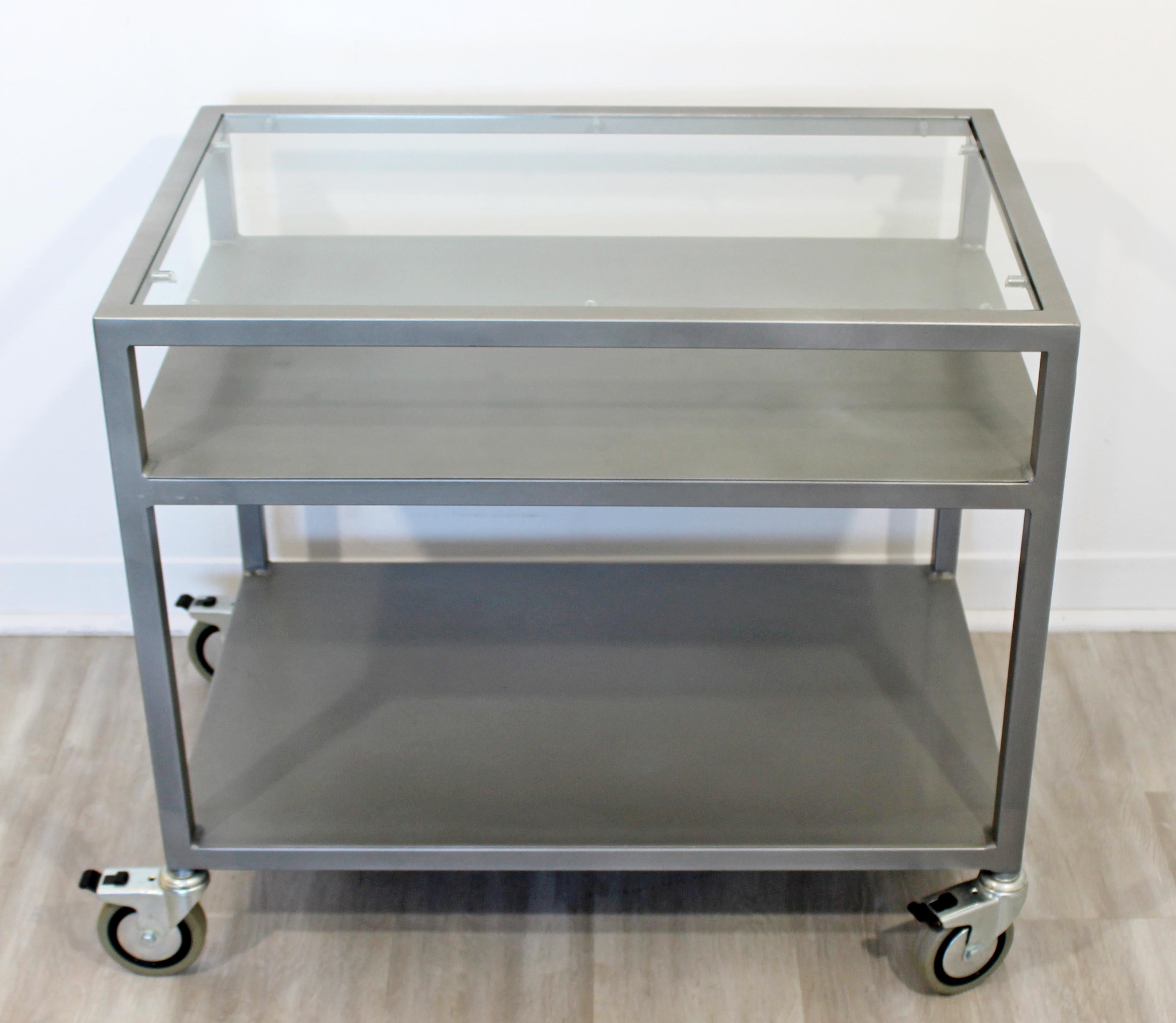 Contemporary Modernist Pair of 2-Tier Metal and Smoked Glass Serving Bar Carts In Good Condition In Keego Harbor, MI