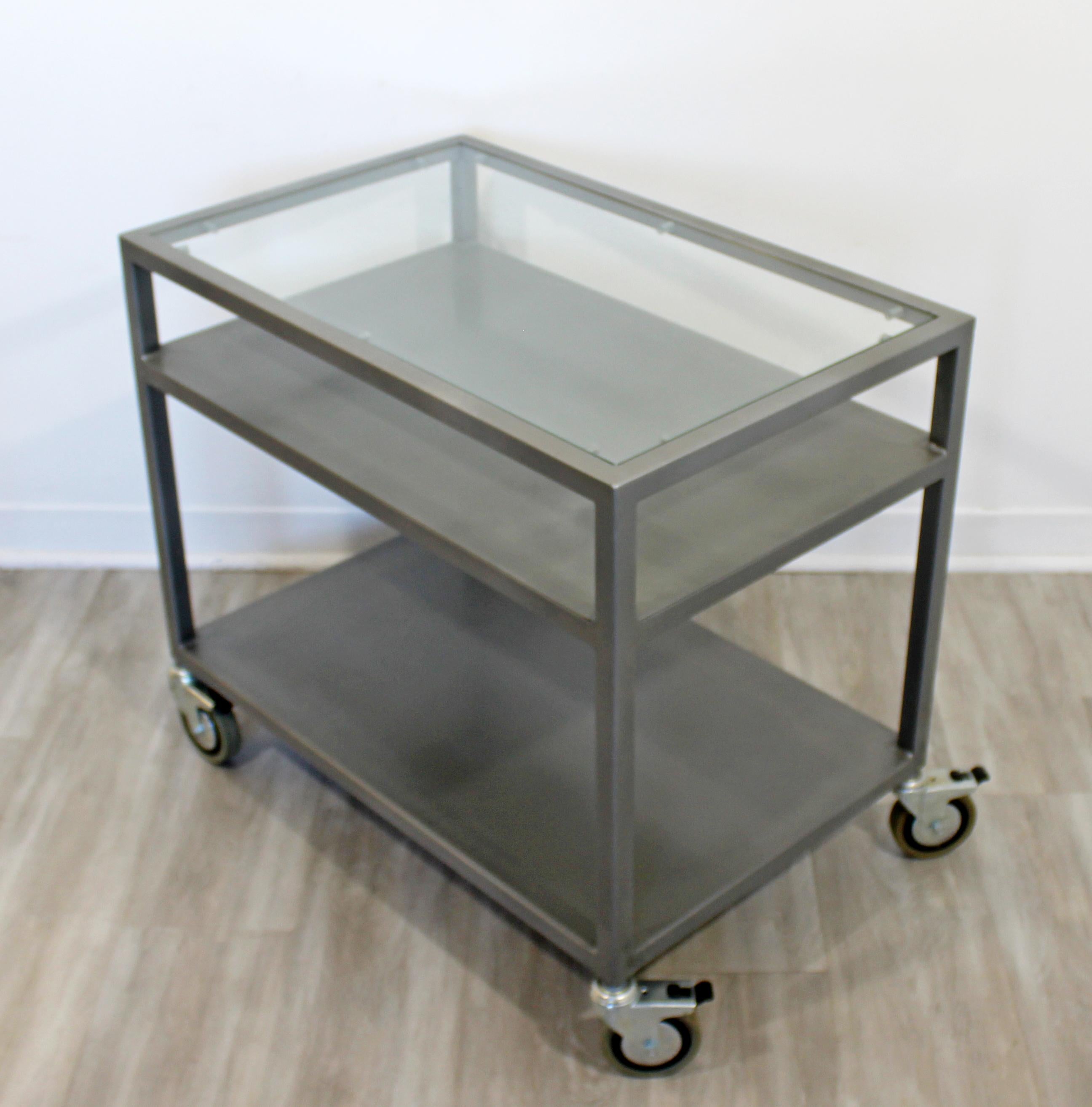 20th Century Contemporary Modernist Pair of 2-Tier Metal and Smoked Glass Serving Bar Carts