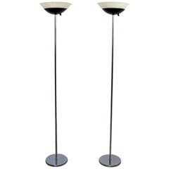 Contemporary Modernist Pair of Chrome Glass Floor Lamps Torchiere Deco Style