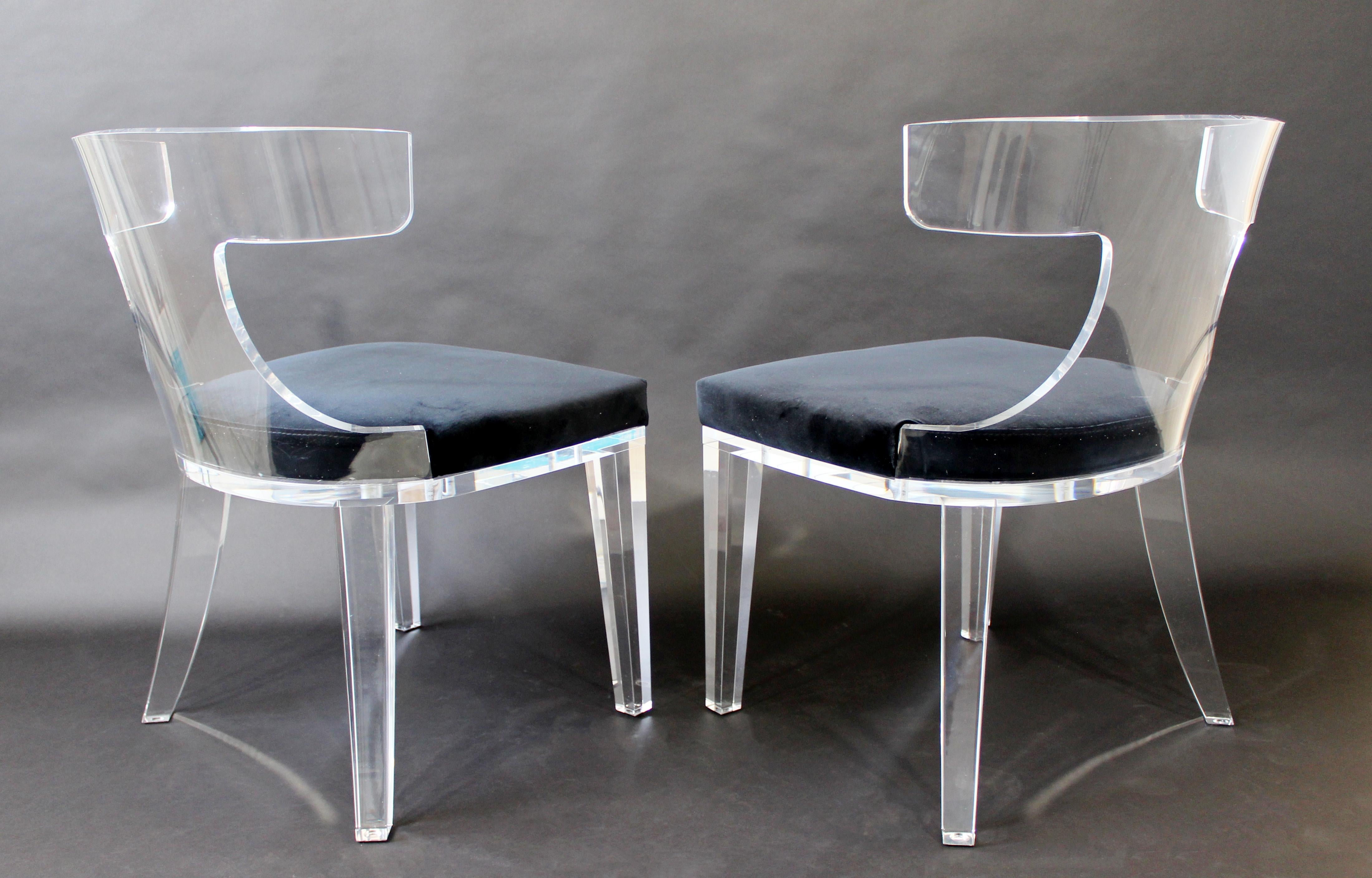 Contemporary Modernist Pair of Curved Lucite and Velvet Side Accent Side Chairs 1