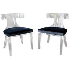 Contemporary Modernist Pair of Curved Lucite and Velvet Side Accent Side Chairs