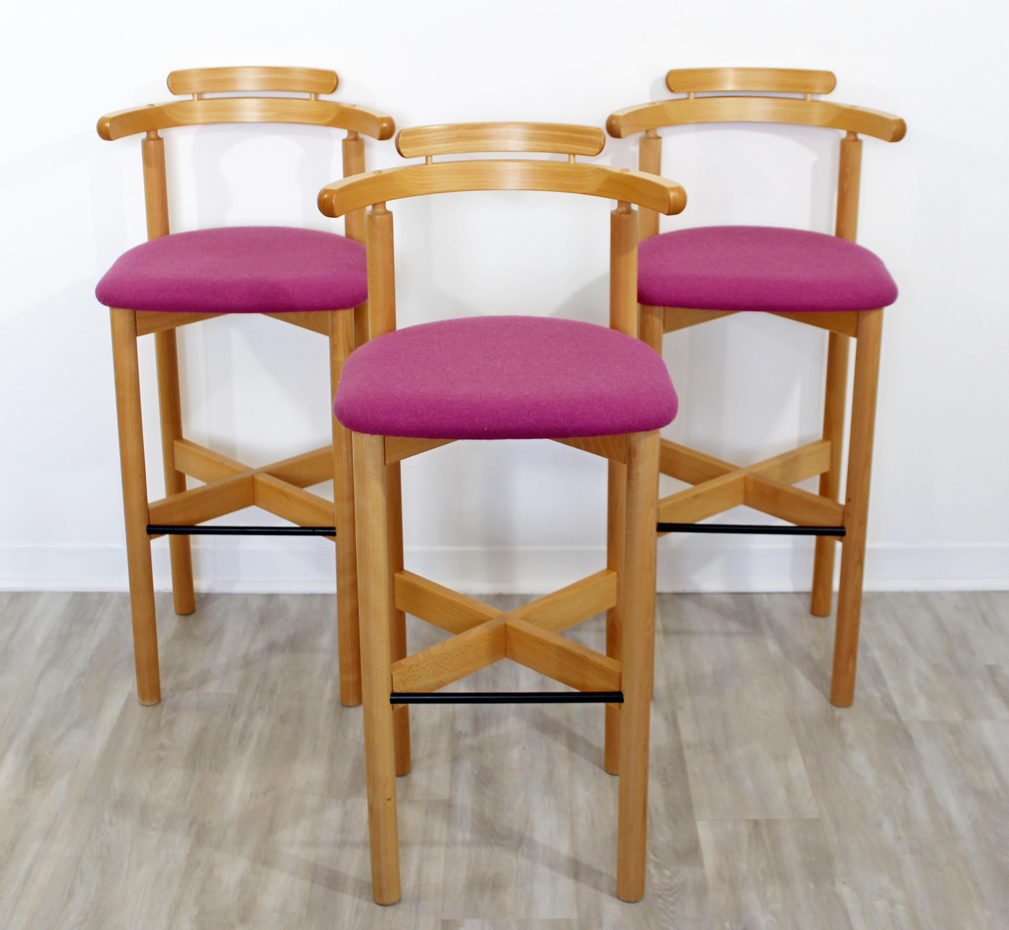 For your consideration is a wonderful set of three, tall bar stools, blonde wood bases, by Gangso Mobler, made in Denmark. In excellent condition. The dimensions are 17.5