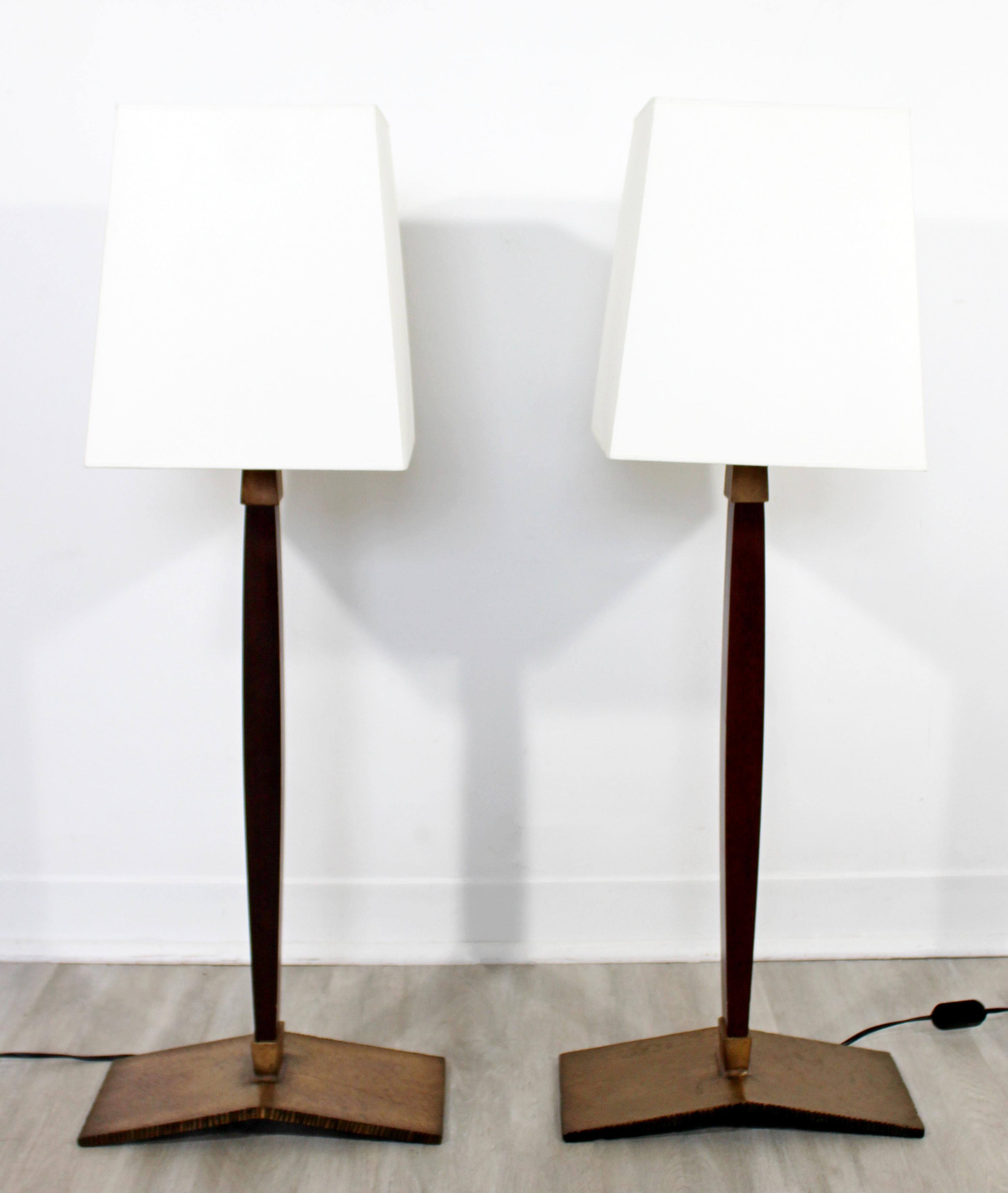 For your consideration is a gorgeous and Brutalist style, pair of metal and wood table lamps. In excellent condition. The dimensions are 12.5