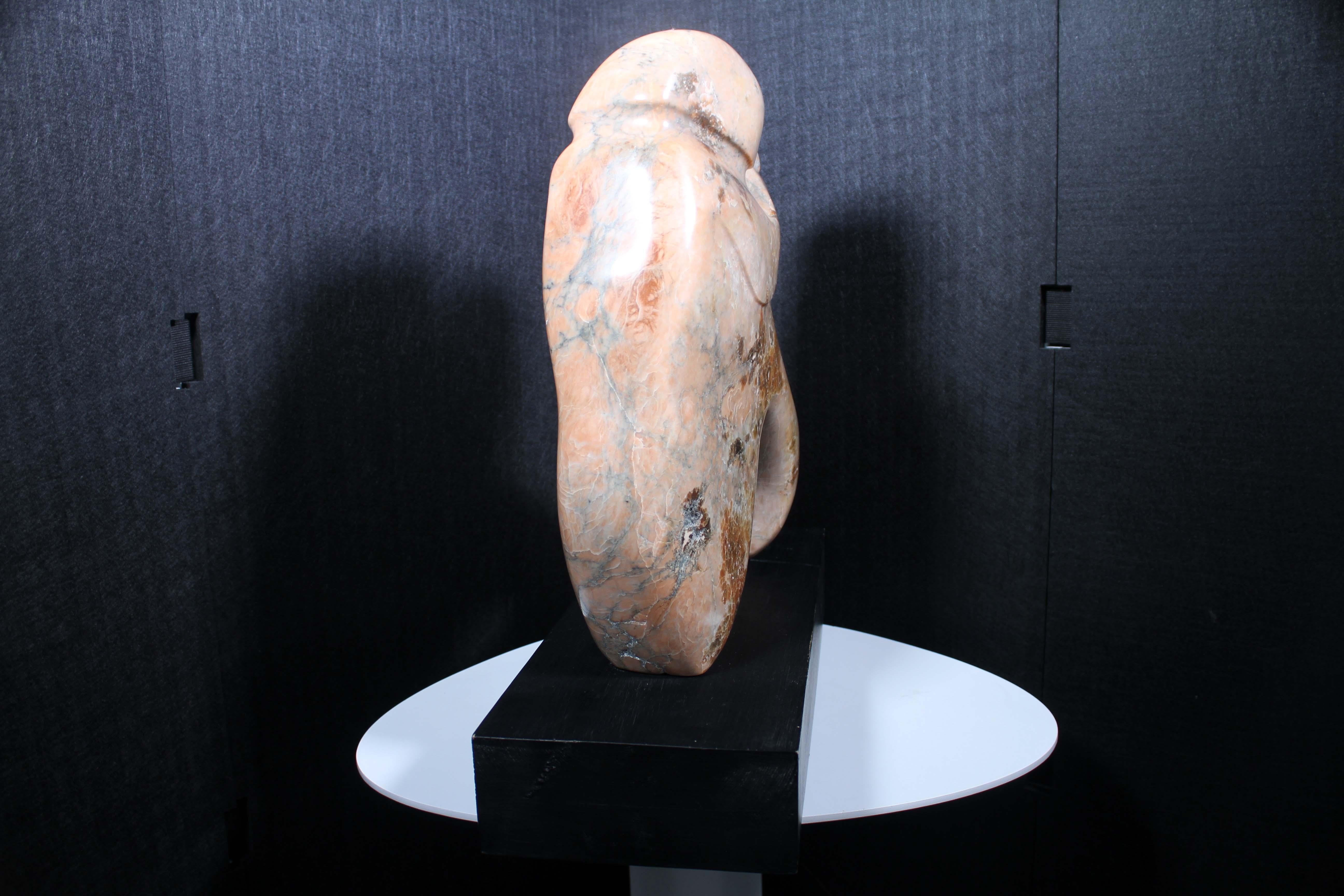 An intriguing Verona pink marble biomorphic abstract sculpture on a black base. The perfect accent in a modern or contemporary space. Dimensions: 17.75