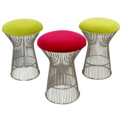 Contemporary Modernist Warren Platner Style Set of 3 Chrome Wire Stools Seats