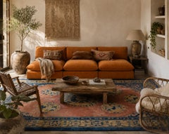 Contemporary Modular Sofa in Camel woven cotton Upholstery