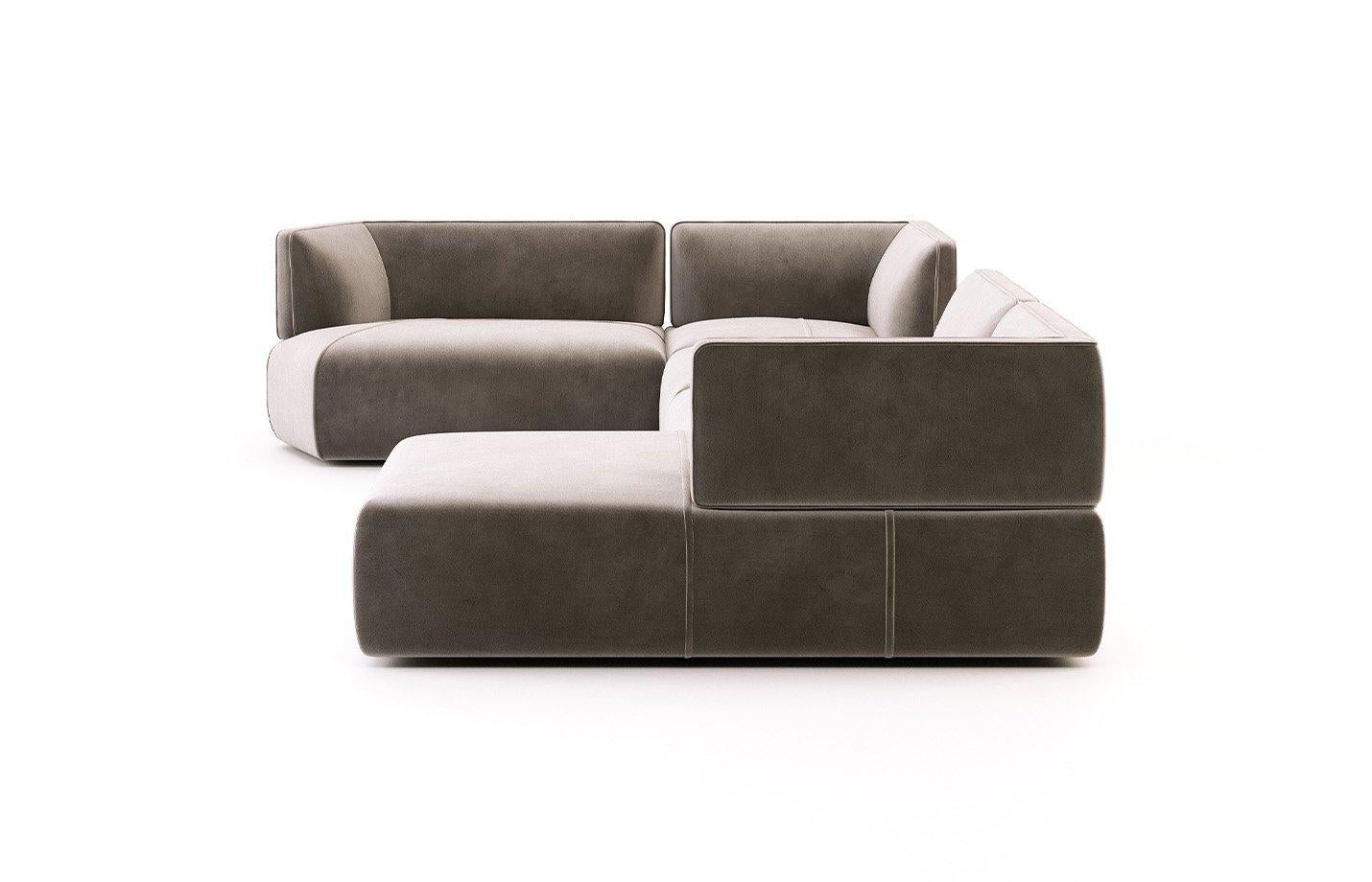Tailor made and fully upholstered sectional sofa offered in a selection of luxurious, velvet fabrics.
Shown with elephant cotton velvet. All hardwood frame with advanced comfort spring suspension. The seat and back cushions filled with premium
