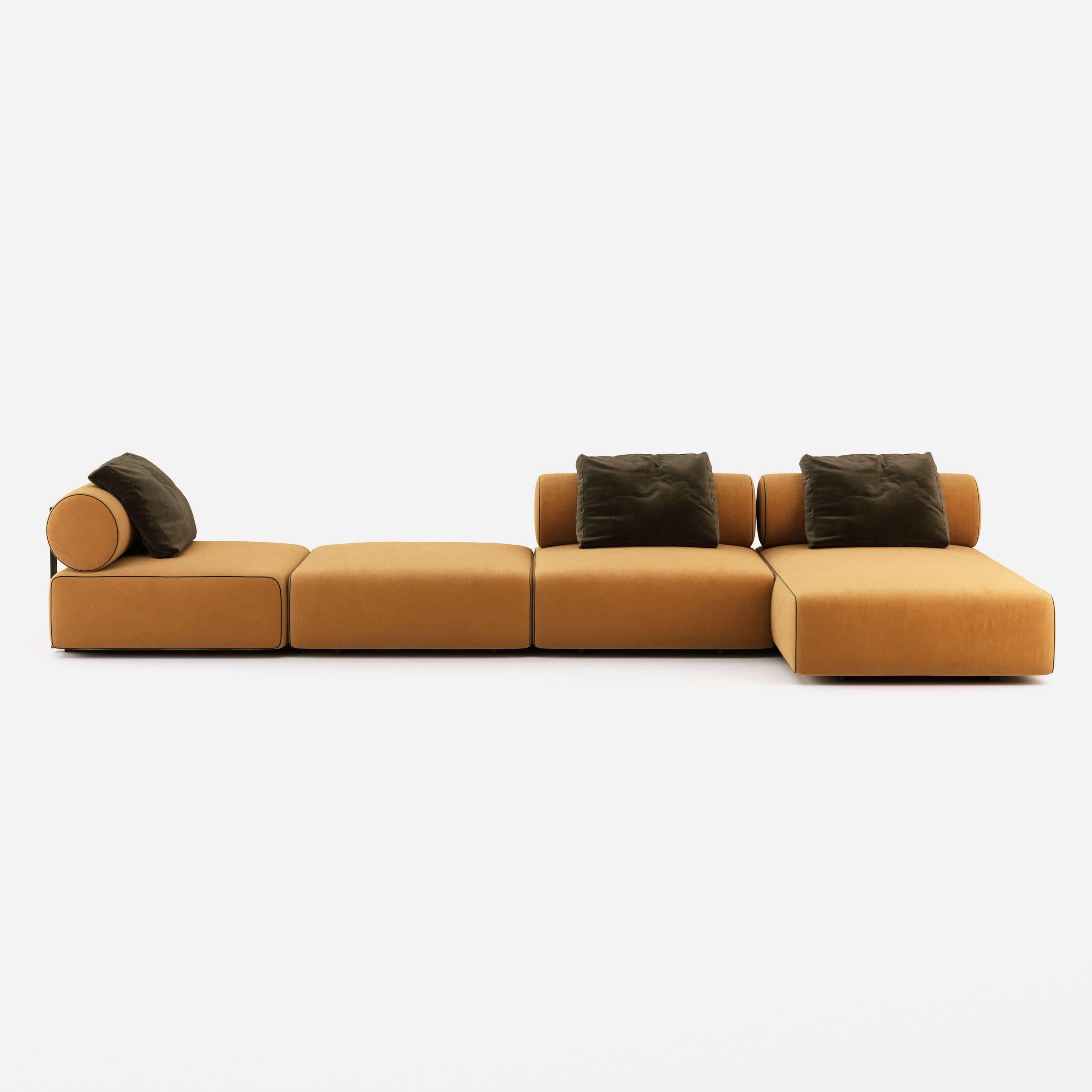 Tailor made sectional sofa offered in a selection of luxurious soft velvets with high resistance to abrasion, stains and is water repellent.
Hardwood frame with advanced comfort spring suspension. The seat and back cushions filled with premium