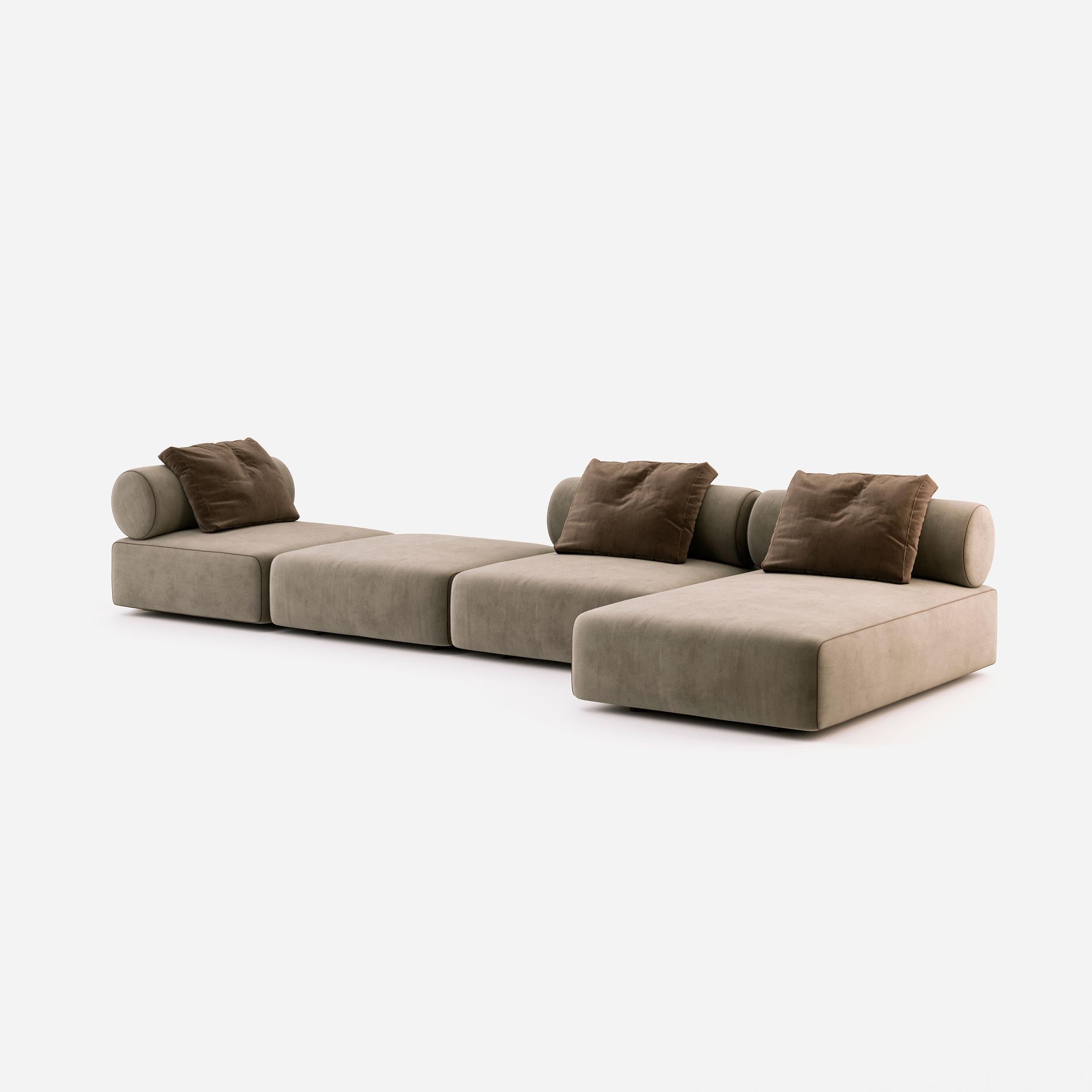 Tailor made sectional sofa offered in a selection of luxurious soft velvets with high resistance to abrasion, stains and is water repellent.
Hardwood frame with advanced comfort spring suspension. The seat and back cushions filled with premium