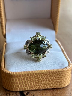 Contemporary Moldavite Peridot and Diamond 14k Cocktail Ring