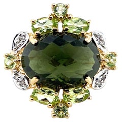 Contemporary Moldavite Peridot and Diamond 14k Cocktail Ring