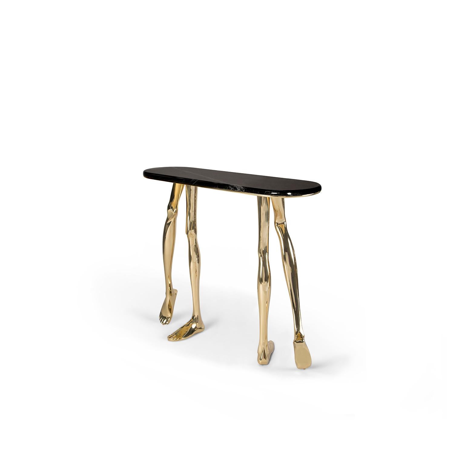 Modern Contemporary Monroe Console Table, Polished Brass, Nero Marquina Marble For Sale