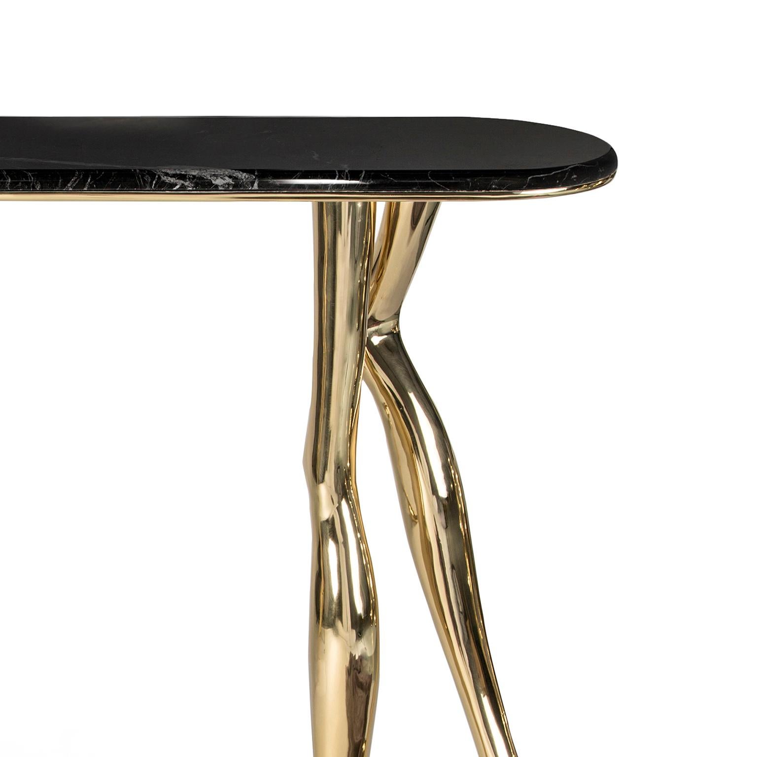 Brushed Contemporary Monroe Console Table, Polished Brass, Nero Marquina Marble For Sale