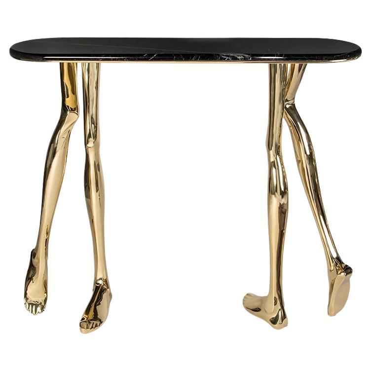 Contemporary Monroe Console Table, Polished Brass, Nero Marquina Marble For Sale