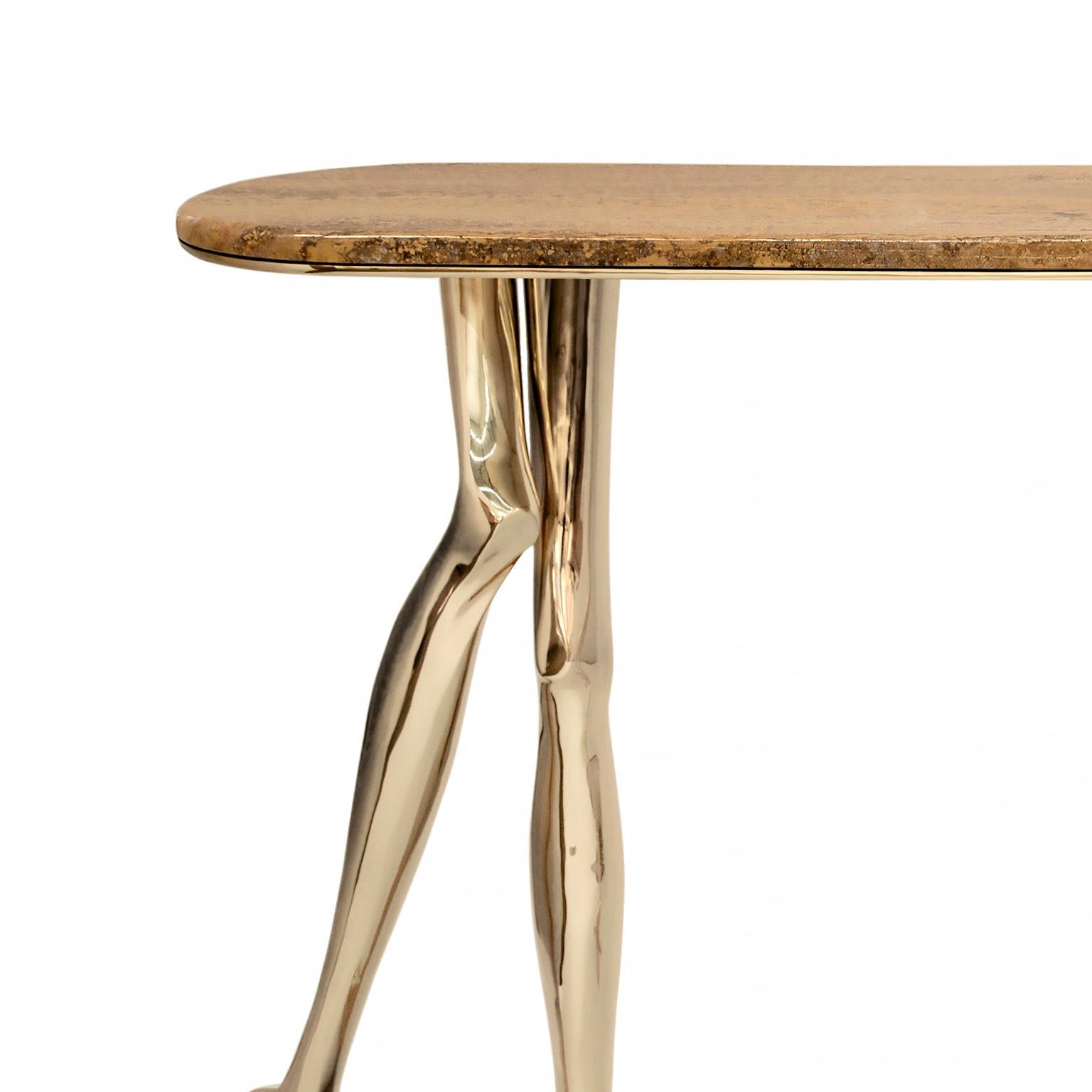 Modern Contemporary Monroe Console Table, Polished Brass, Yellow Travertine Marble For Sale