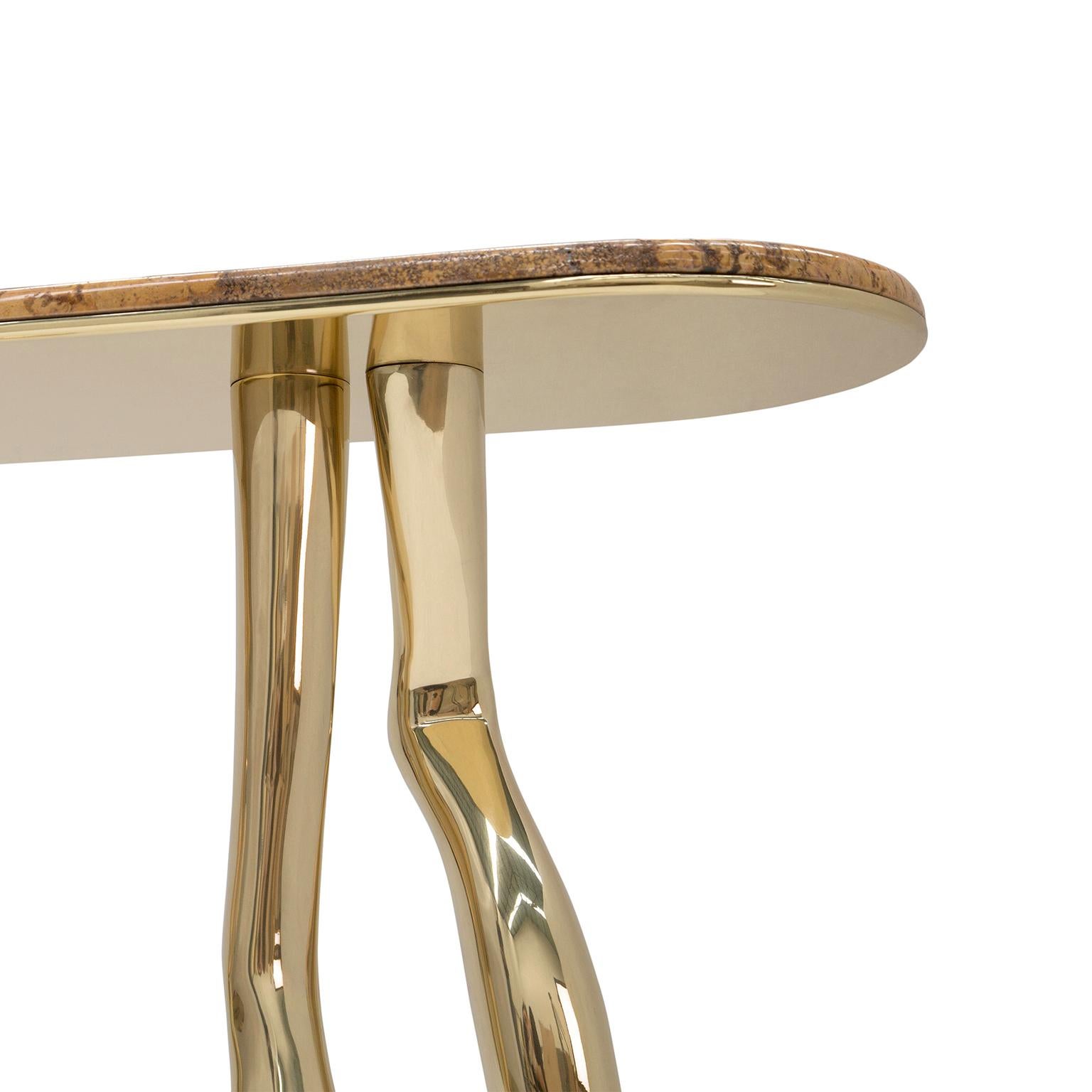XXIe siècle et contemporain Table console contemporaine Monroe, laiton poli, marbre travertin jaune en vente