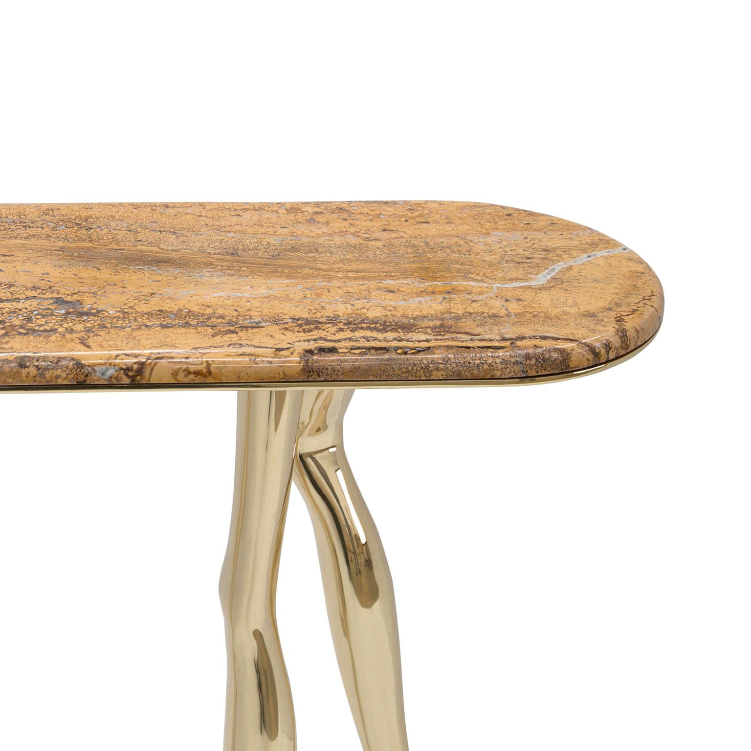 Métal Table console contemporaine Monroe, laiton poli, marbre travertin jaune en vente