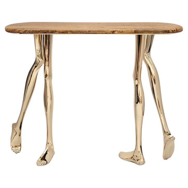 Table console contemporaine Monroe, laiton poli, marbre travertin jaune