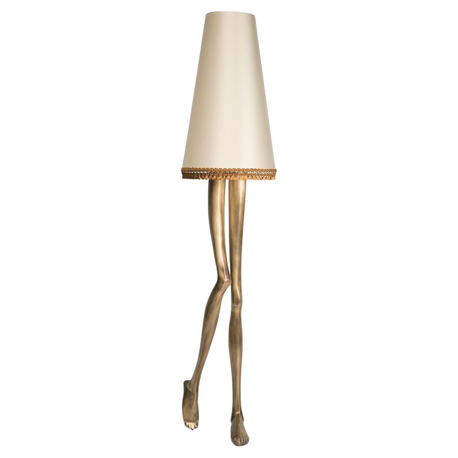 Contemporary Monroe Floor Lamp Aged Brass Cast, Lampshade with Tassel Fringe  For Sale at 1stDibs