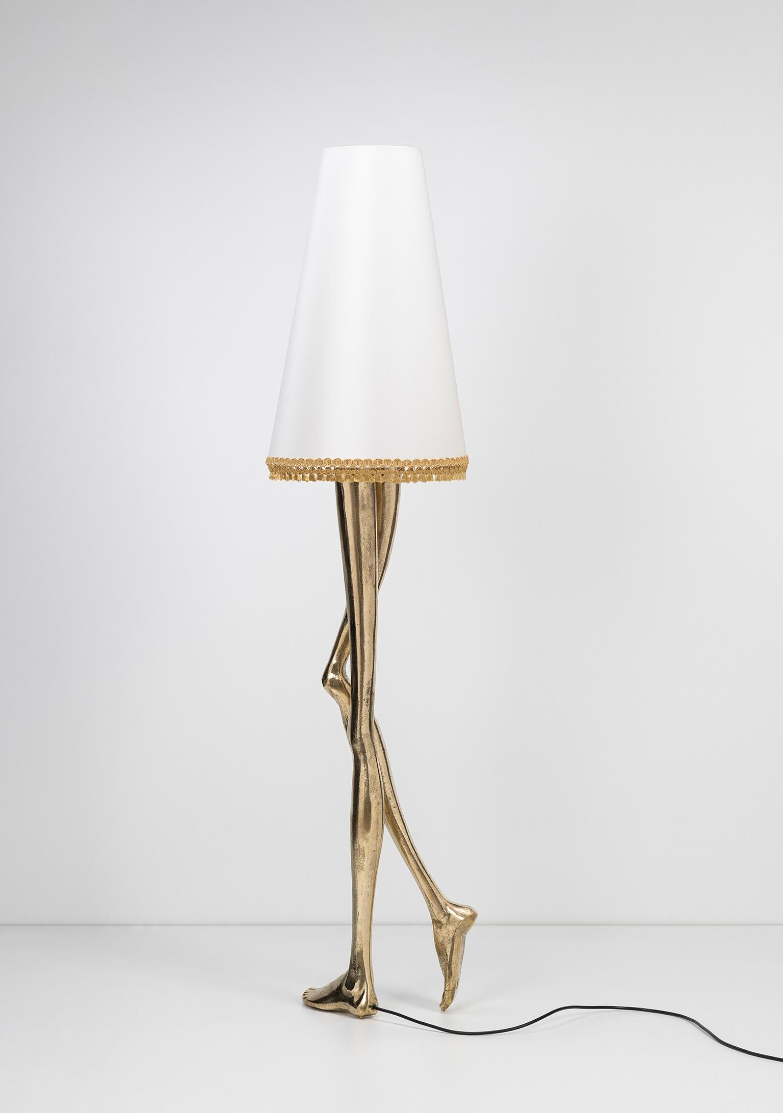 Mid-Century Modern Contemporary Monroe Floor Lamp, Textured Brass Cast and an off White Lampshade For Sale